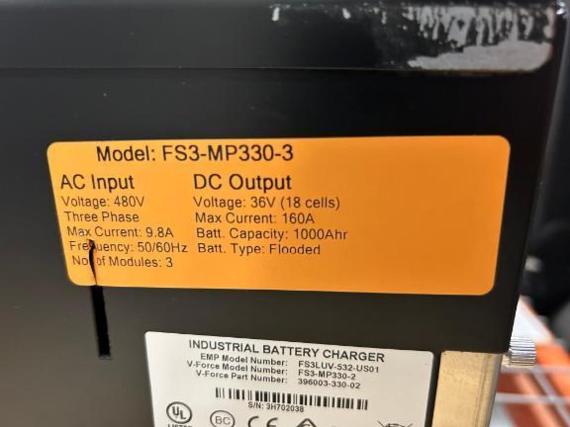 V-Force 36-Volt Battery Charger, Model: FS3-MP330-3, Max. Current: 160A, Battery Capacity: 1000AHR, - Image 2 of 2