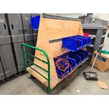 Wood Deck Flat Cart, 72" X 36", w/ Plastic Bin Rack & Bins ($5 Loading Fee Will Be Added To Buyer's