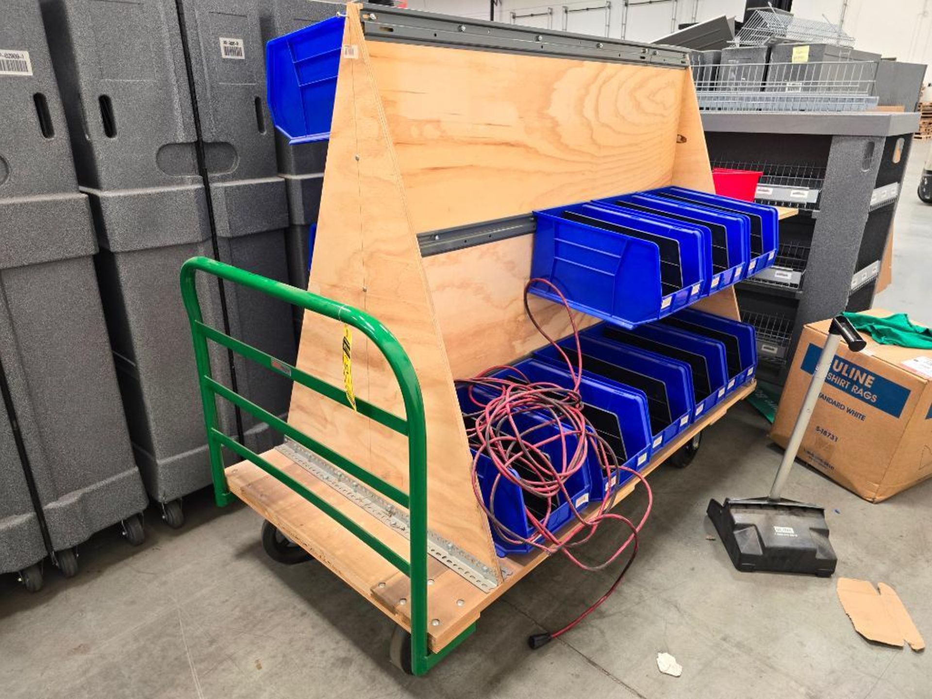 Wood Deck Flat Cart, 72" X 36", w/ Plastic Bin Rack & Bins ($5 Loading Fee Will Be Added To Buyer's