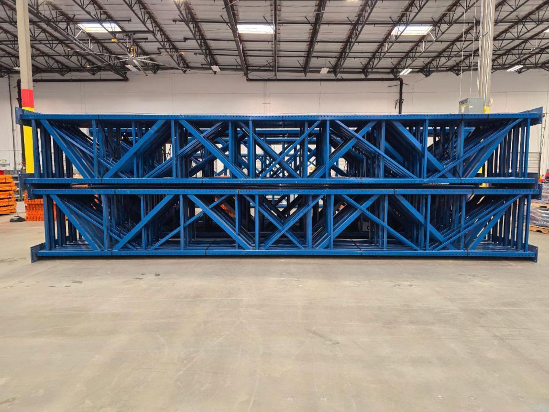 (28X) 42" X 26' Teardrop Pallet Rack Uprights, 3" X 3" Columns, Welded, 10" X 10" Seismic Foot Plate