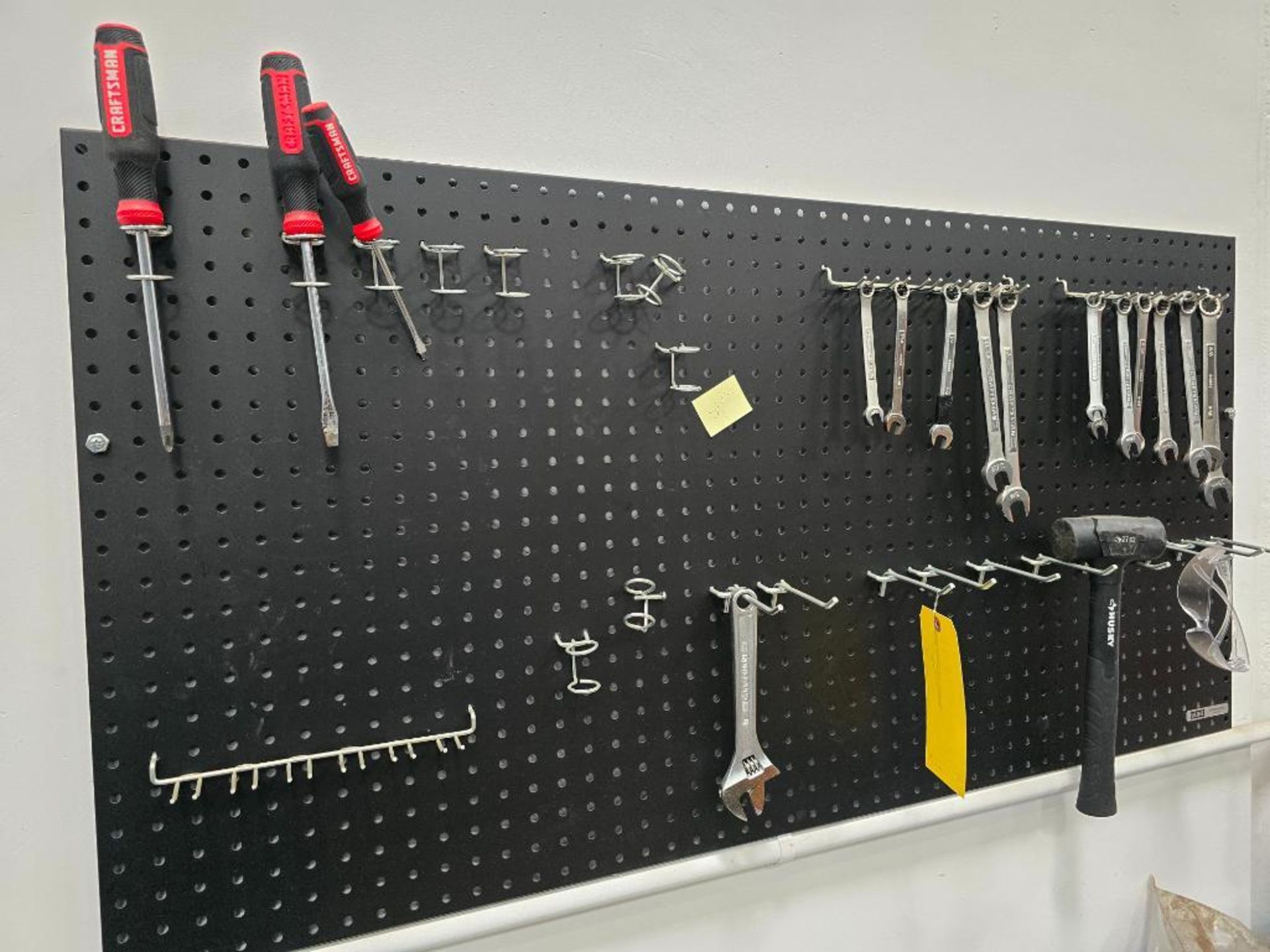 (3) 48" X 29" Metal Tables & Contents on Wall; Hand Saw, Knives, Eye Bolts, Wrenches, Mallet, Chalk - Image 5 of 8
