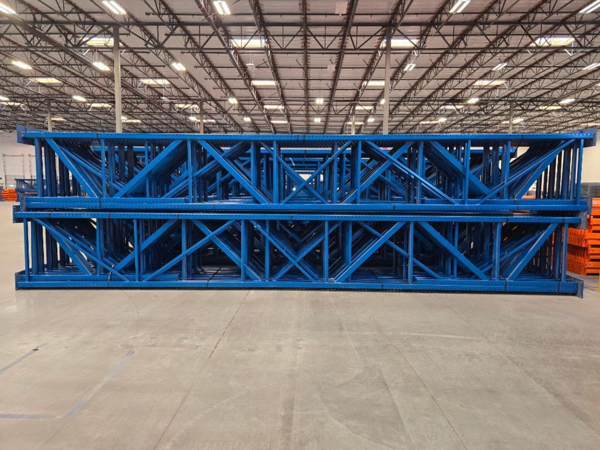 (28X) 42" X 26' Teardrop Pallet Rack Uprights, 3" X 3" Columns, Welded, 10" X 10" Seismic Foot Plate