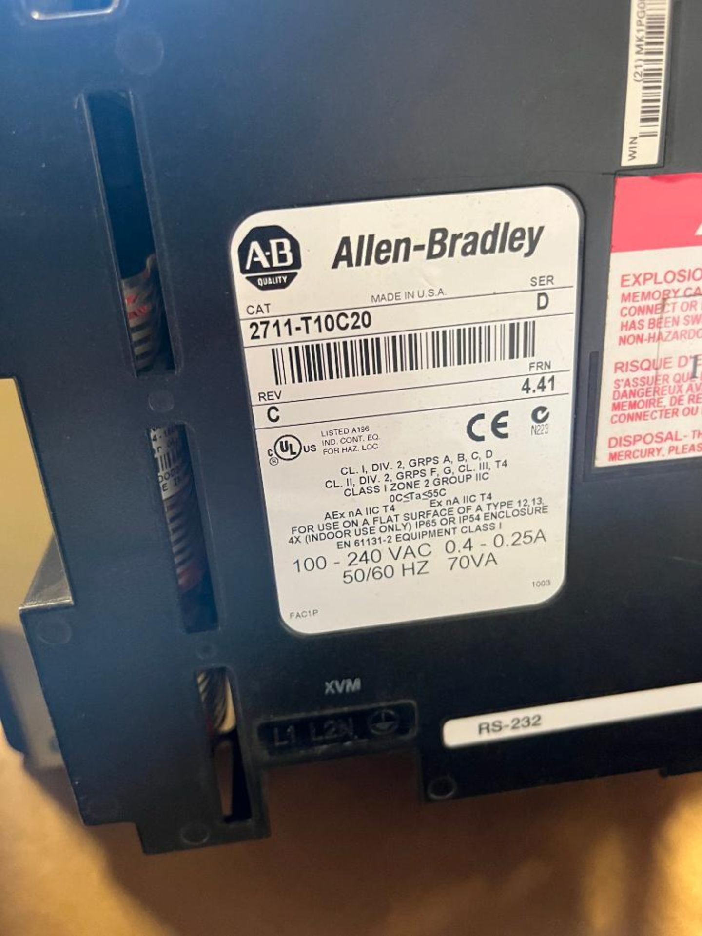 (1) Allen-Bradley PanelView 1000, Catalog Number 2711-T10C20, Series D, 240 VAC, (1) Allen-Bradley P - Image 2 of 4