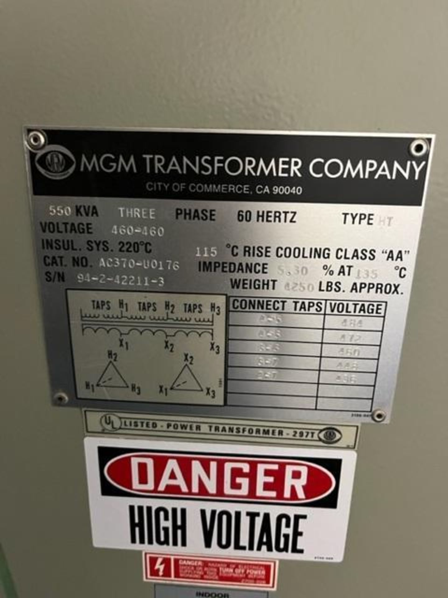 MGM 550 KVA Transformer, Type HT, 3-Pole, 460-460V, 3PH/60 Hz Grafikontrol CRB Ribbon Motor Control - Image 4 of 4