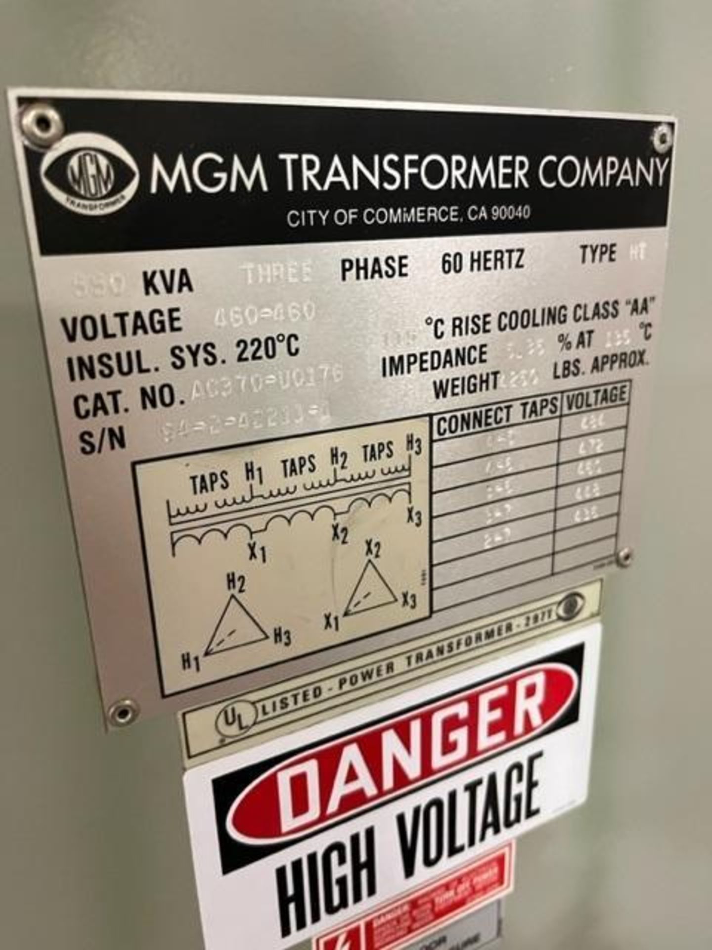 MGM 550 KVA Transformer, Type HT, 3-Pole, 460-460V, 3PH/60 Hz Grafikontrol CRB Ribbon Motor Control - Image 3 of 4