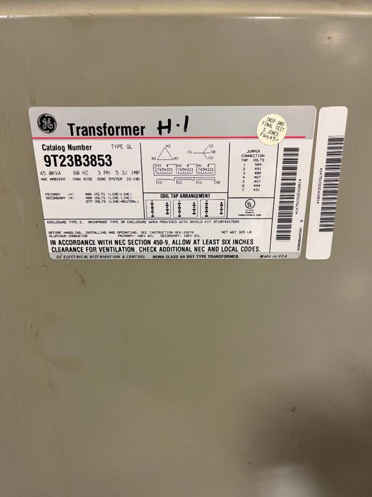 General Electric Transformer, Catalog Number 9T23B3853, Type: QL, 3-Phase, 45 KVA, 60 Hz - Image 3 of 3