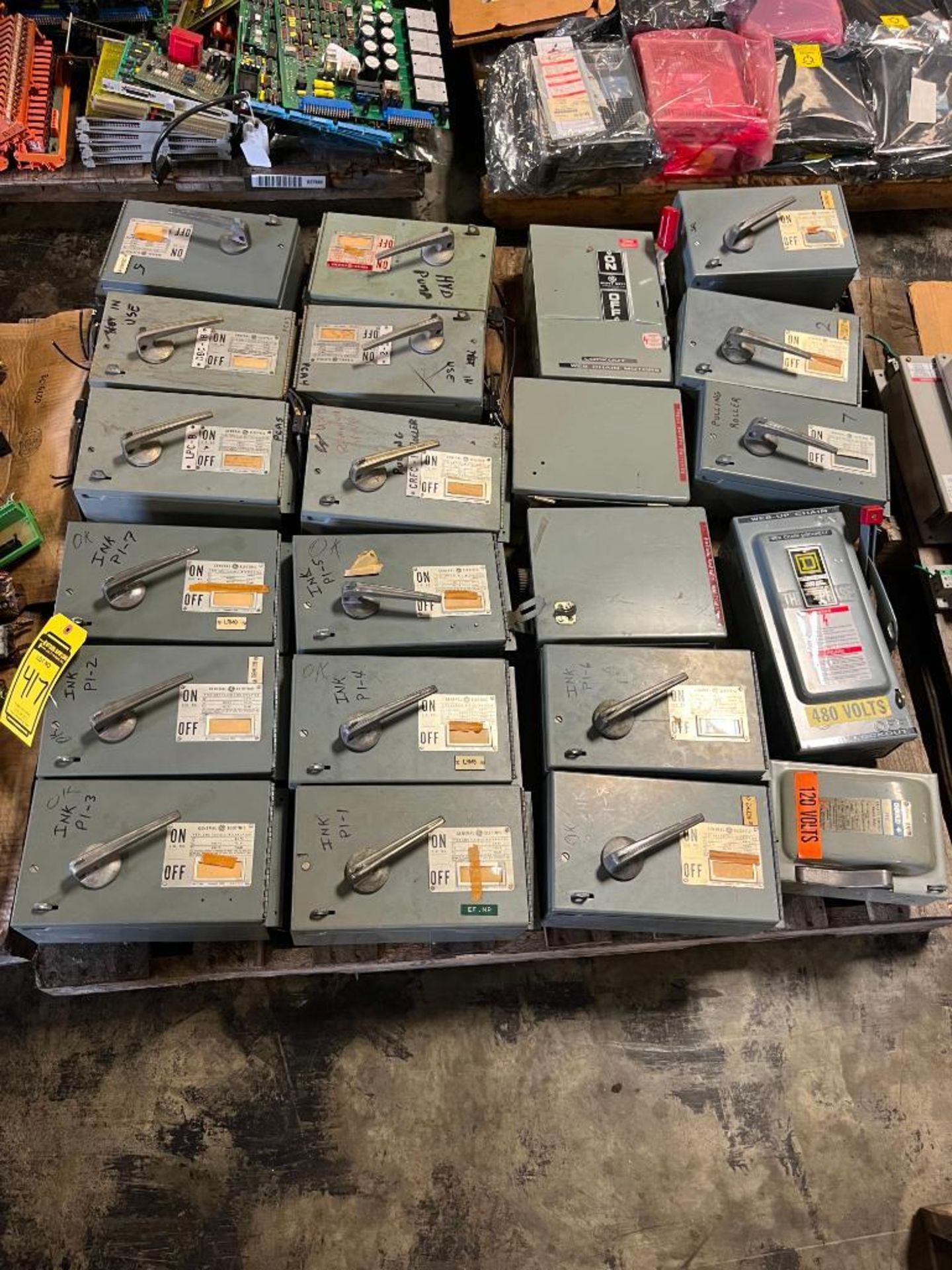 Skid Consisting of Assorted Safety Switches, General Electric Shut-off Switch Boxes, Mini-Enclosures