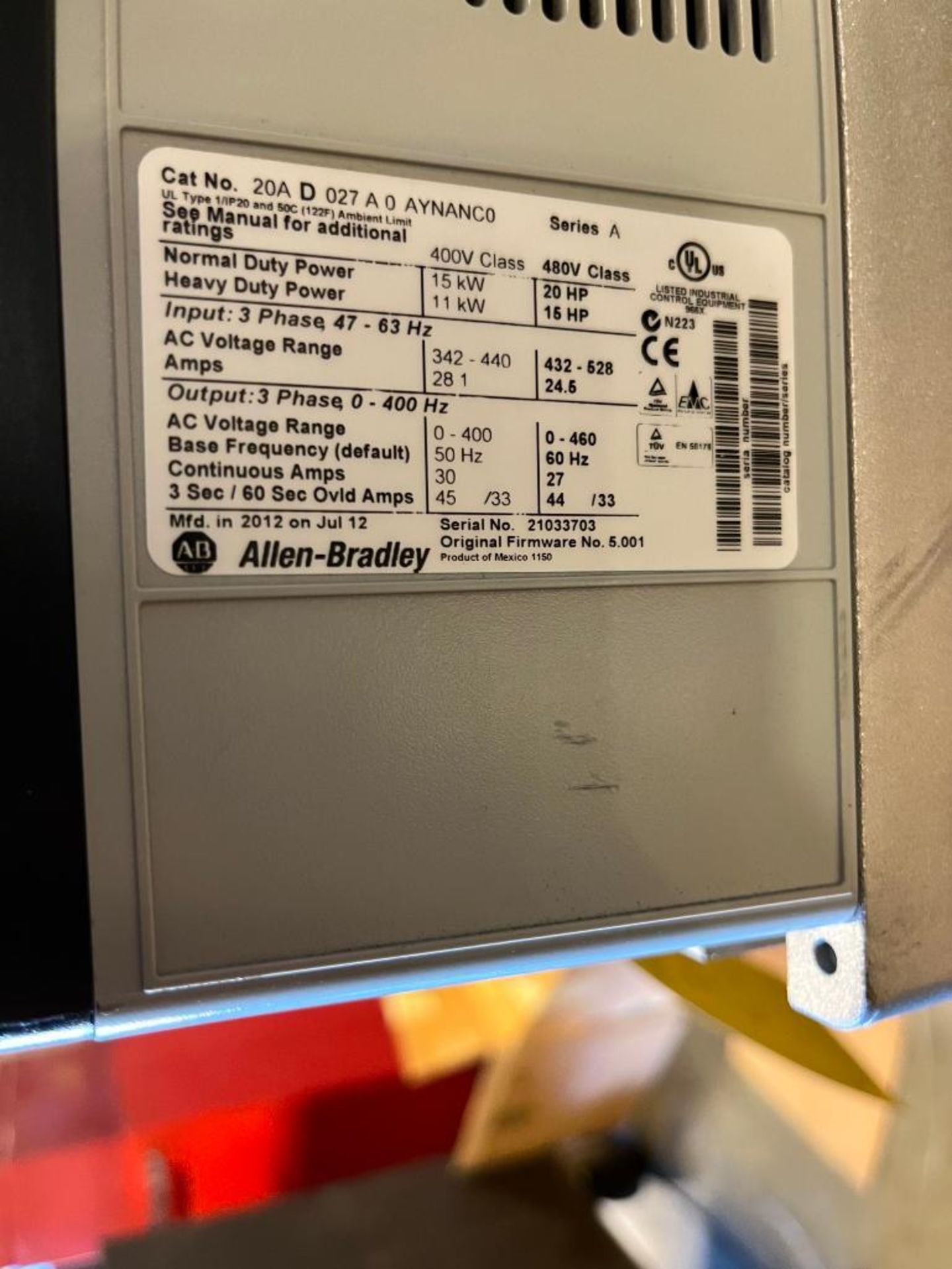 Allen-Bradley PowerFlex 70 Drive, Catalog Number 20AD027A0AYNANC0, Series A, 3-Phase - Image 3 of 3