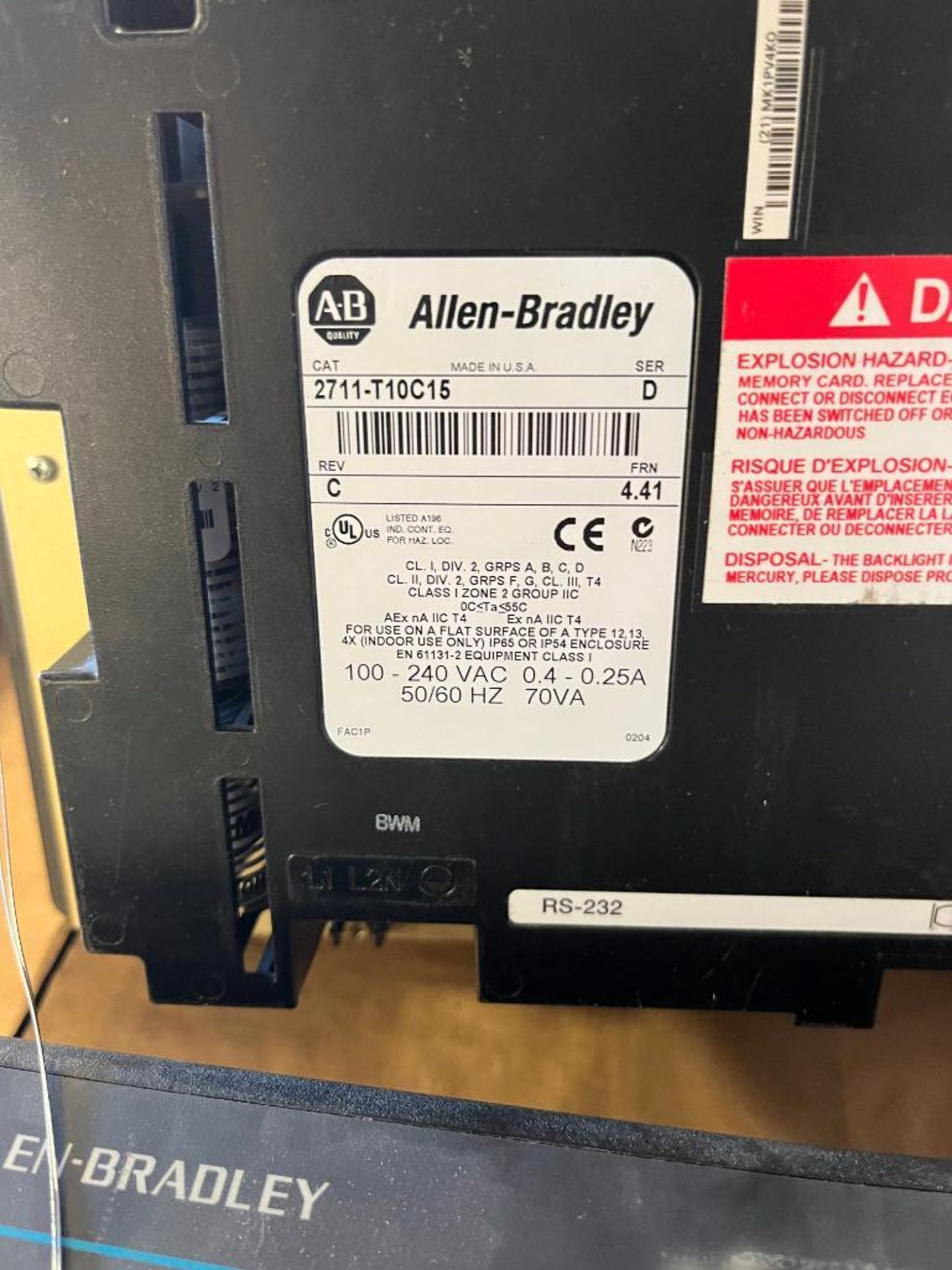 (1) Allen-Bradley PanelView 1000, Catalog Number 2711-T10C15, Series D, 240 VAC, (1) Allen-Bradley P - Image 3 of 6