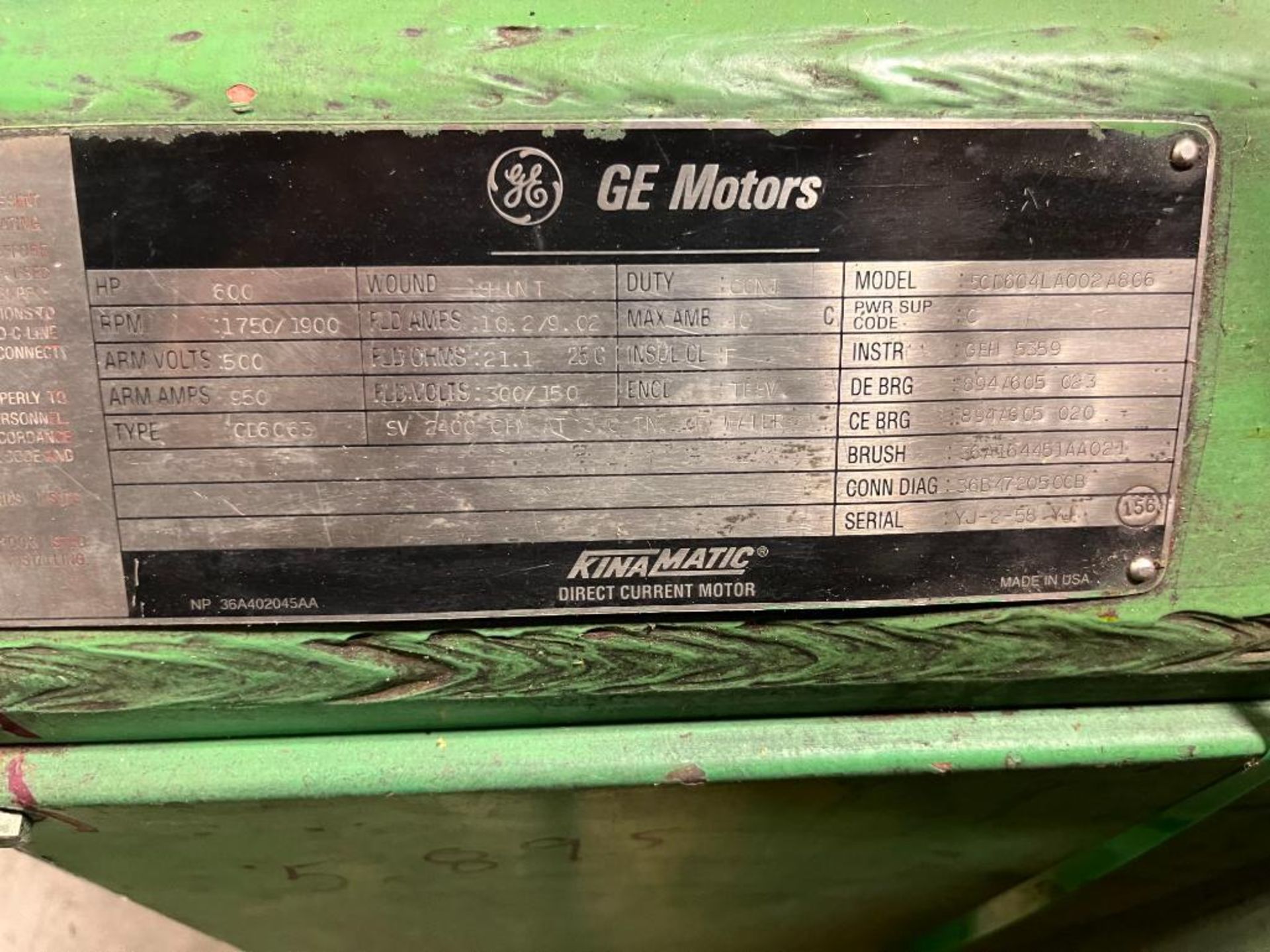 GE 600 HP Kinamatic DC Electric Motor, 1,740/1,900 RPM, Model 5CD604LA002A806, Continuous Duty, Shun - Image 5 of 5