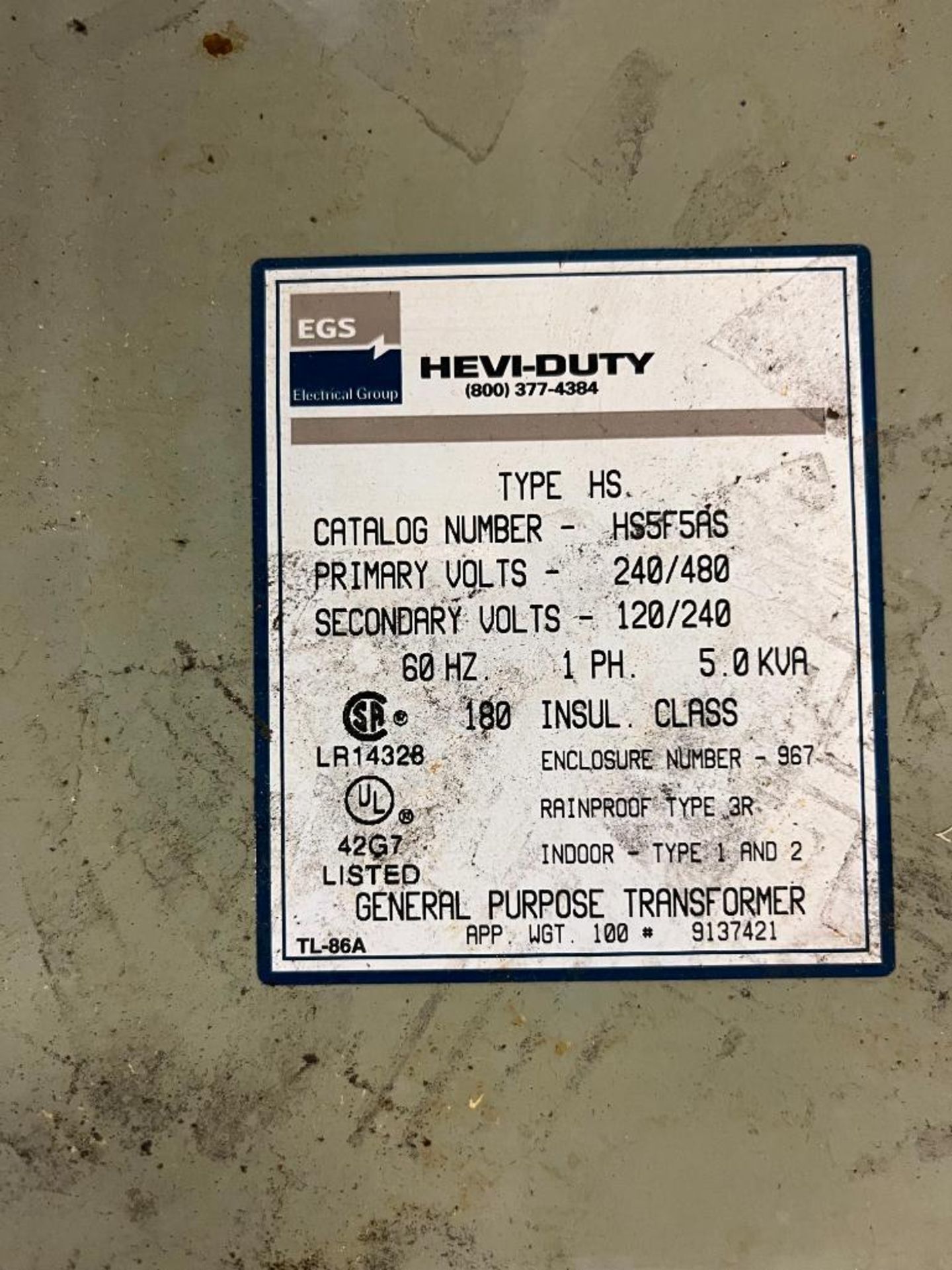 EGS Heavy-Duty General-Purpose Transformer, Catalog No. HS5F5AS, Type: HS, 5 KVA, Single-Phase, 480 - Image 3 of 3