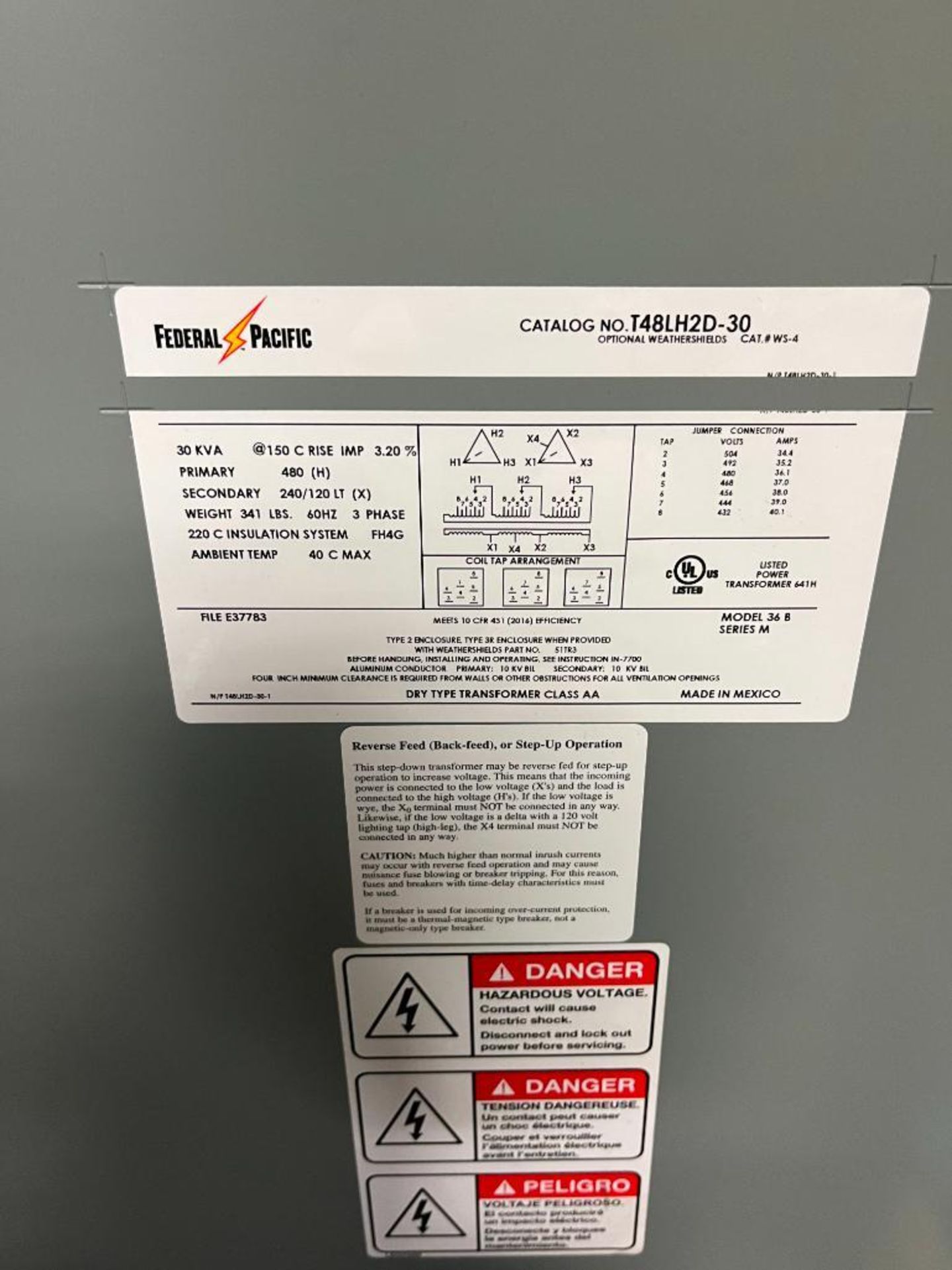 Federal Pacific Transformer, Catalog No. T48LH2D-30, 30 KVA, 3-Phase, 60 Hz - Image 3 of 3