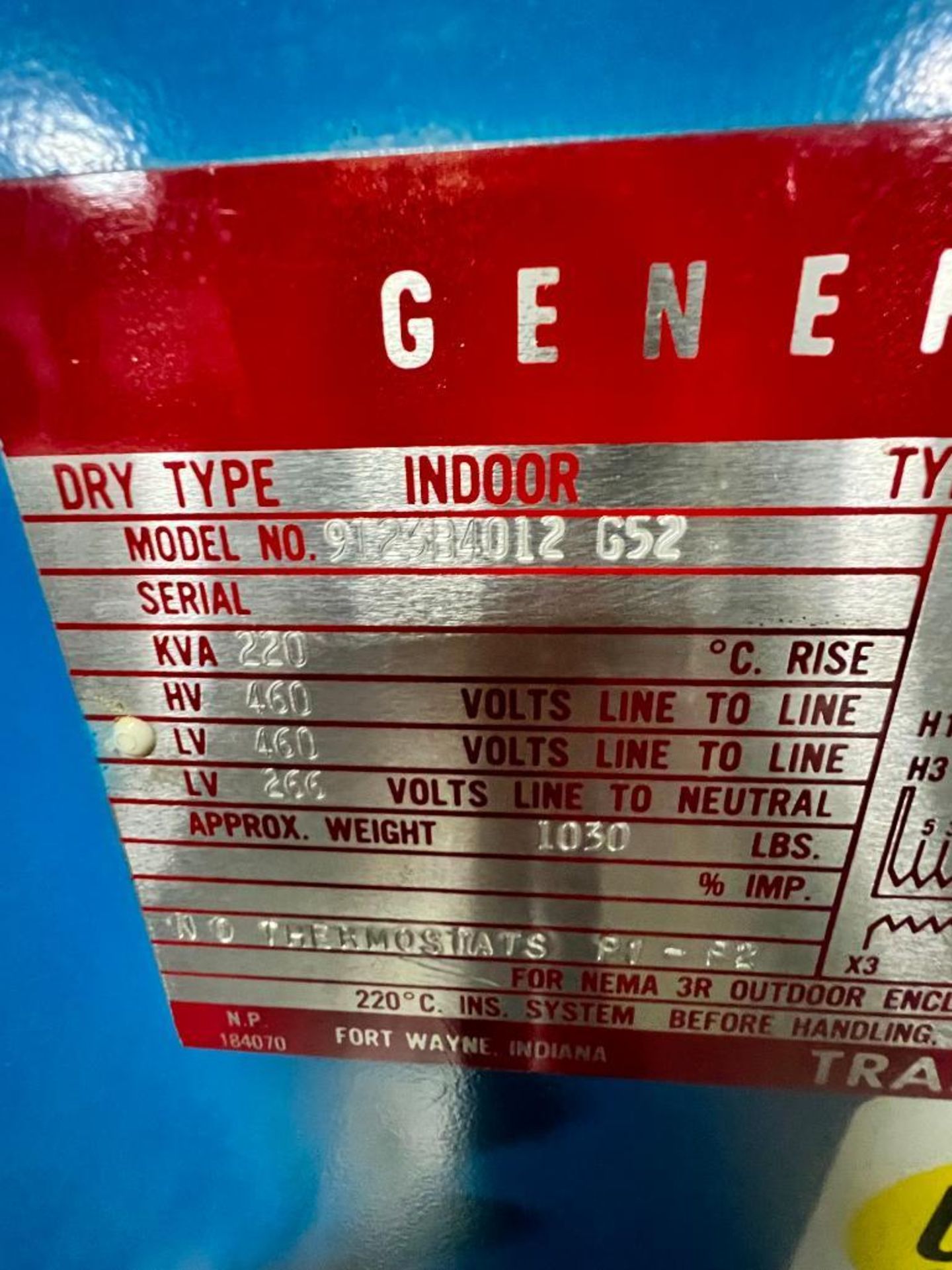 General Electric Transformer, Model 9T23B4012, 220 KVA, 3-Phase, 480 Volt - Image 3 of 4