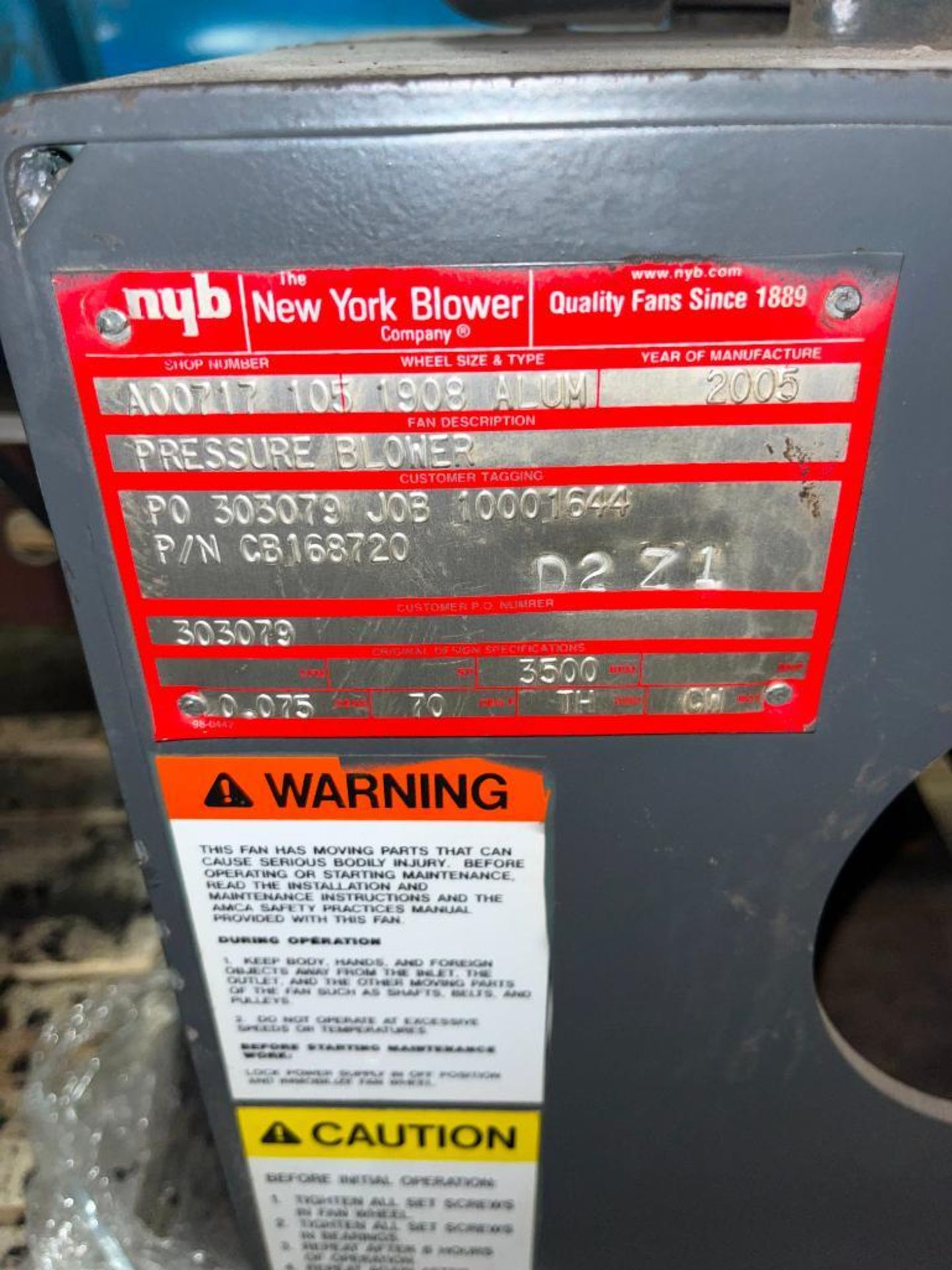 2005 NYB Blower, Shop Number A00717 105, 3500 RPM, w/ Baldor SuperE Motor, Catalog No. EM3771T, 10 H - Image 3 of 4