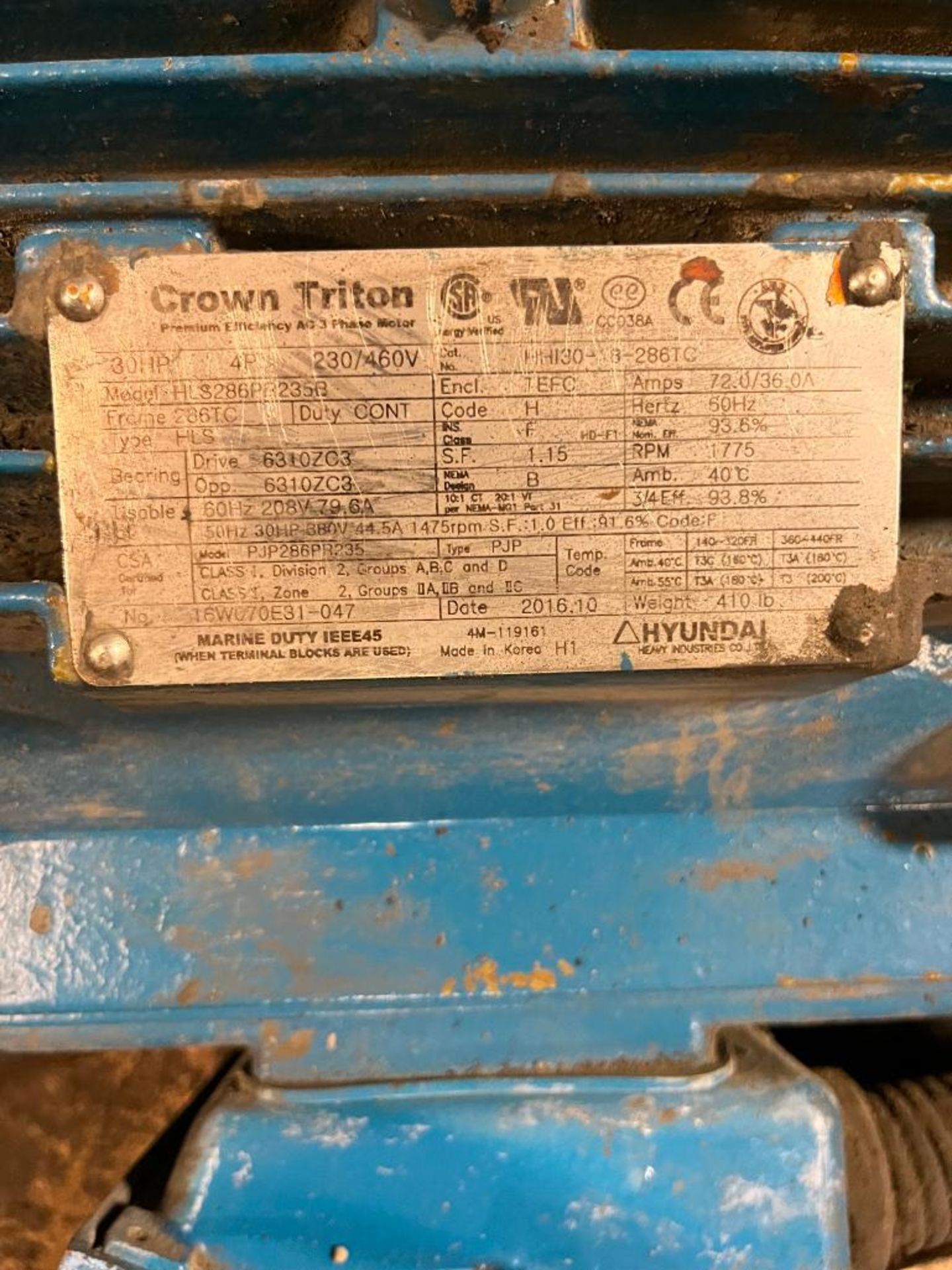 Crown Triton Premium Efficiency AC Motor w/ Pump, Model HLS286PR235B, 3-Phase, Frame: 286TC, 30 HP, - Image 4 of 4