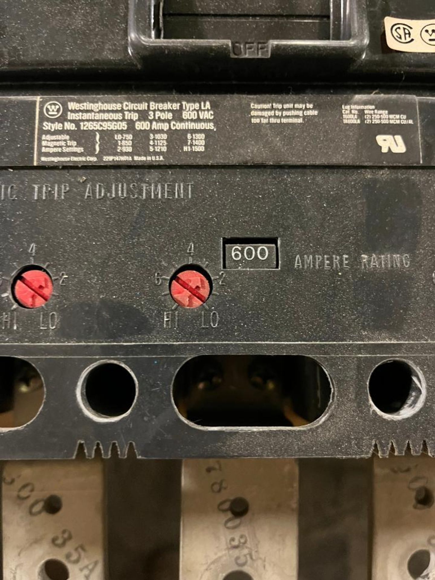 Westinghouse Circuit Breaker, Style Number 1265C95G05, 600 VAC, 600 Amps, 3-Pole - Image 2 of 2