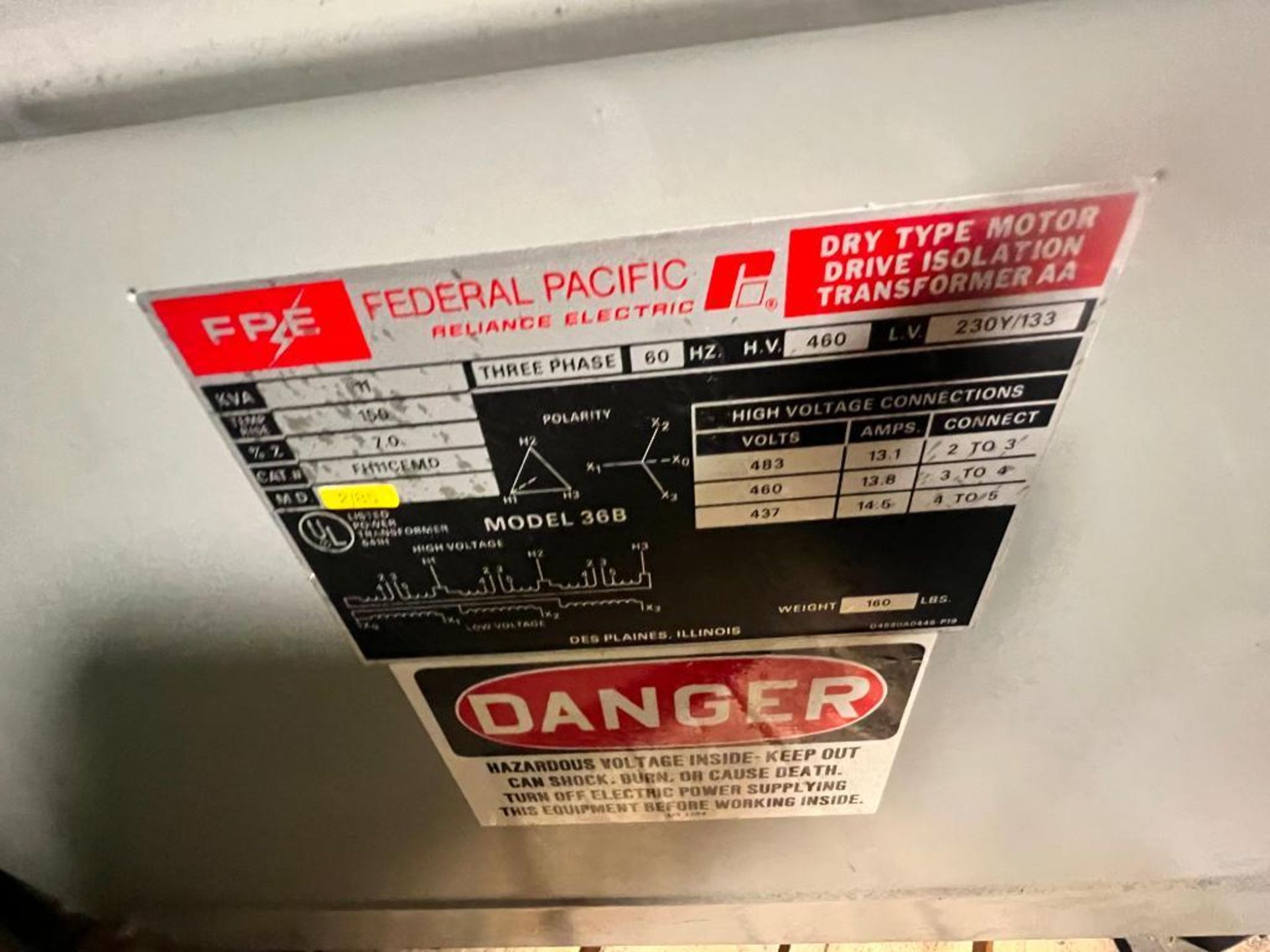 Federal Pacific/Reliance Electric Dry Type Motor Drive Isolation Transformer AA, Model 36B, 11 KVA, - Bild 3 aus 3