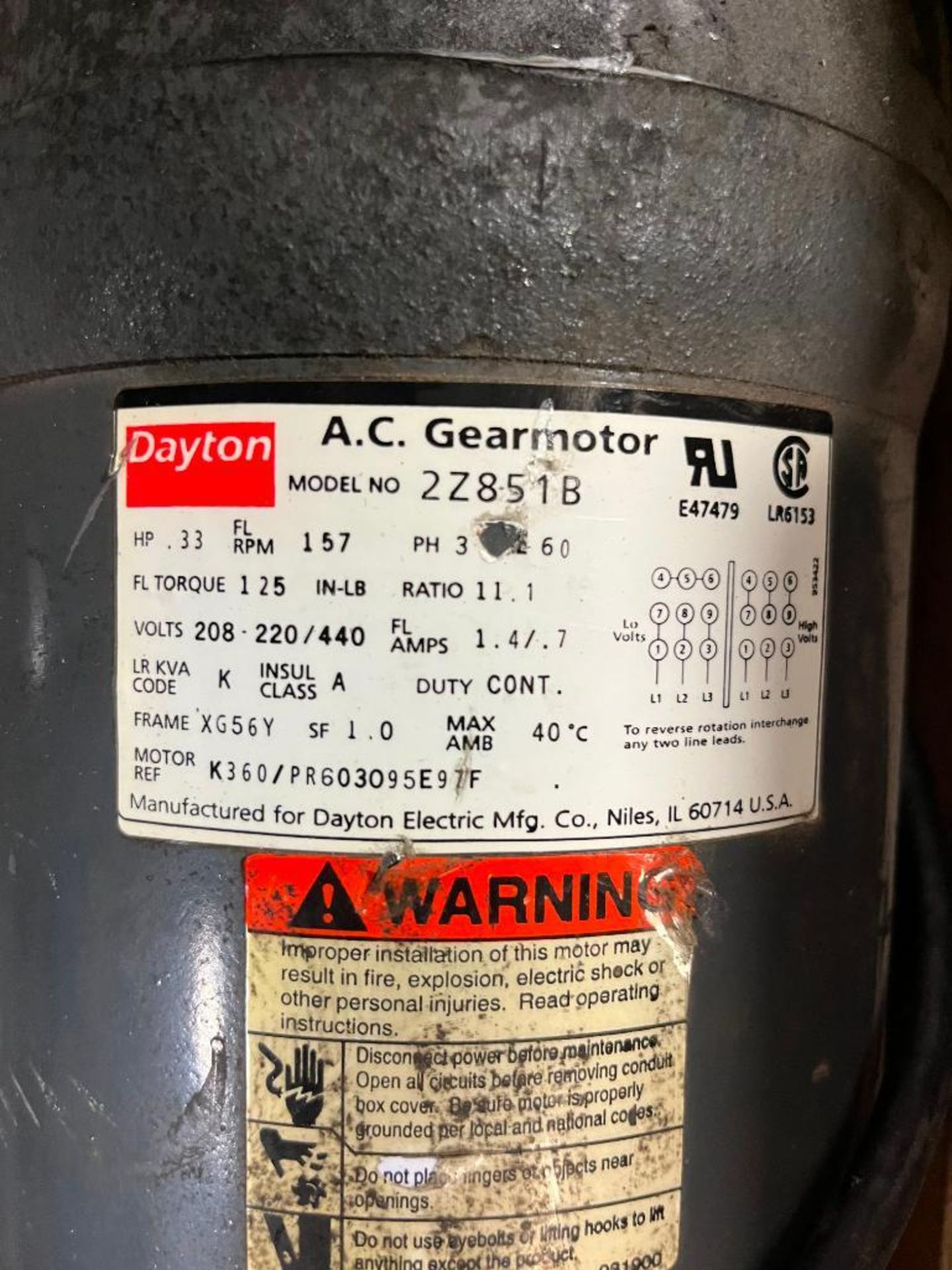 (1) Dayton AC Gearmotor, Model 2Z851B, Frame: XG56Y, 1/3 HP, 157 RPM, 3-Phase, (1) Leeson DC Gearmot - Image 5 of 7