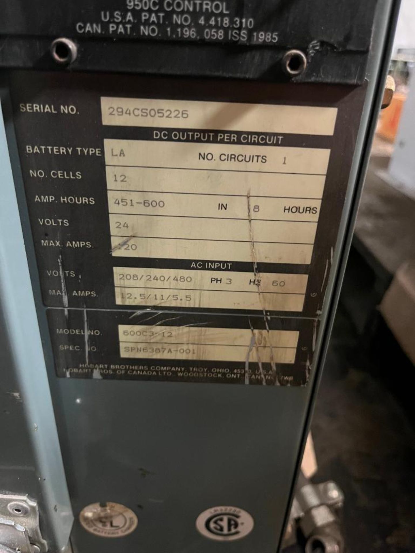 24V Hobart Accu-Charger, S/N 294CS05226, 3-Phase, 480 Volt, 60 Hz - Image 3 of 3