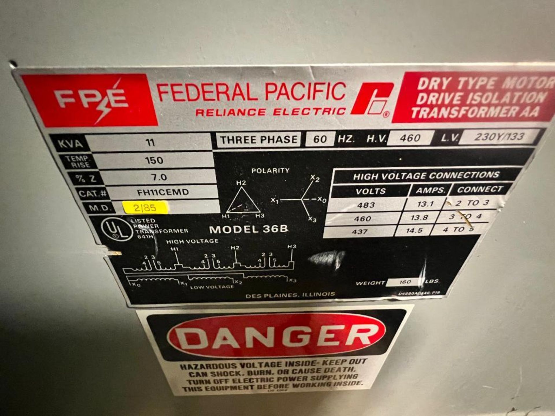 Federal Pacific/Reliance Electric Dry Type Motor Drive Isolation Transformer AA, Model 36B, 11 KVA, - Image 2 of 2