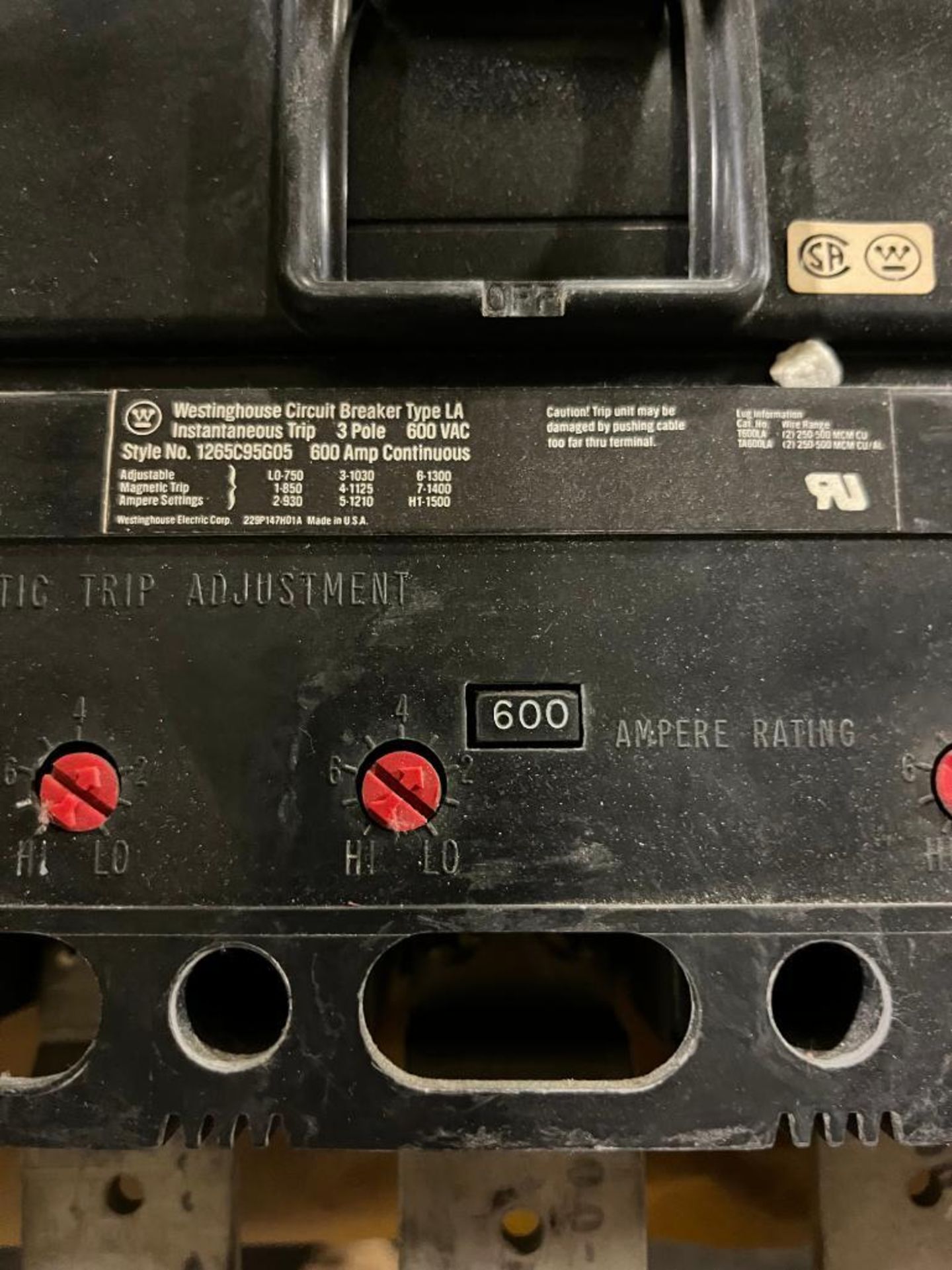 Westinghouse Circuit Breaker, Style Number 1265C95G05, 600 VAC, 600 Amps, 3-Pole - Image 2 of 2