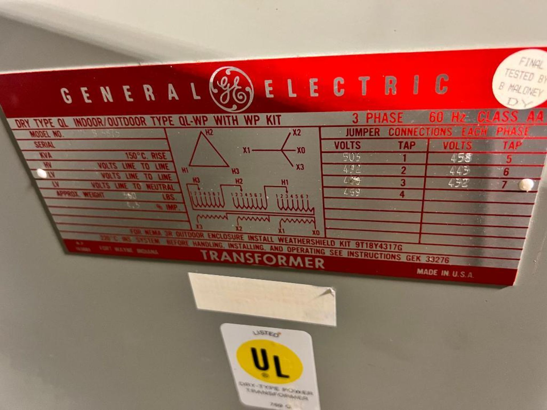 General Electric Transformer, Model 9T23 B 3883, Dry Type: QL w/ WP Kit, 45 KVA, 3-Phase - Bild 2 aus 2