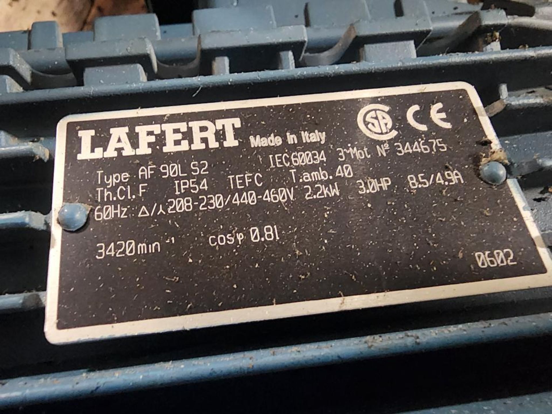 Lafert AC Motor, Type AF90LS2, 3HP, 208-230/440-460V, 3420 RPM, 60 Hz, TE - Image 2 of 2
