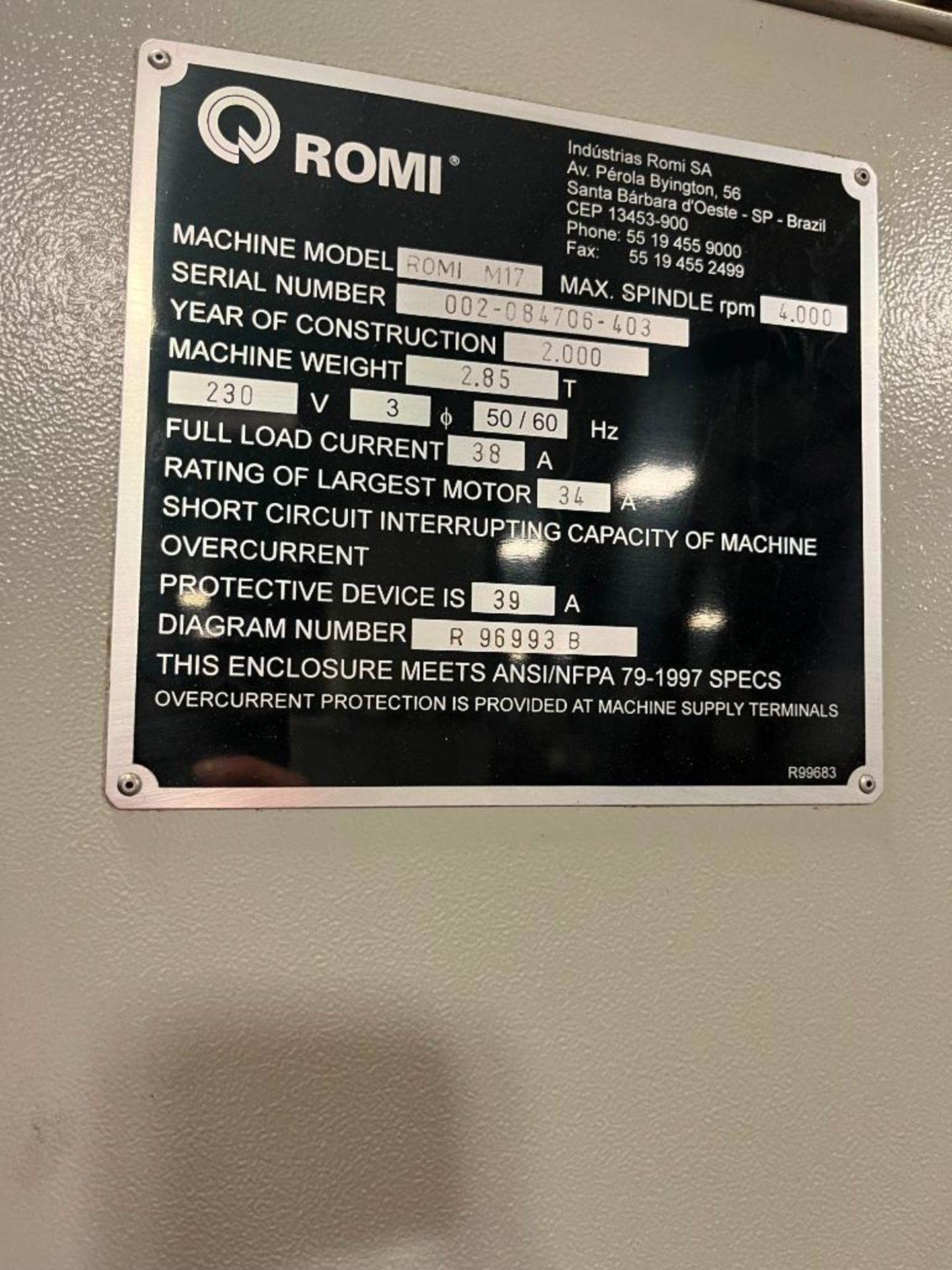 ROMI M17 CNC Lathe, S/N 002-084706-403, Diagram No. R 96993 B, 3-Phase, 230 Volt, 50/60 Hz - Image 7 of 8