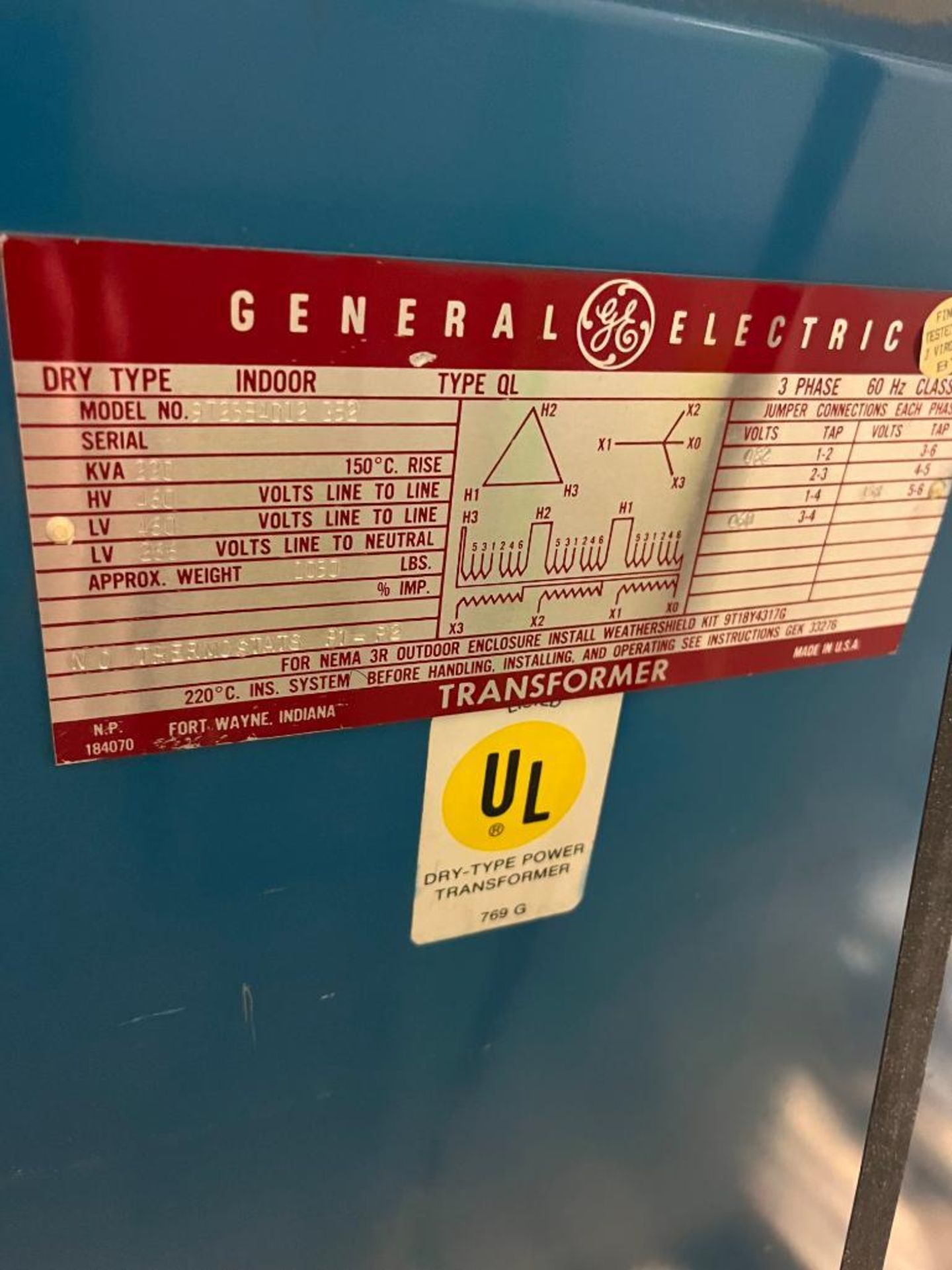 General Electric Transformer, Model 9T23B4012 G52, 220 KVA, Dry Type: Indoor QL, 3-Phase, 480 Volt - Bild 3 aus 3