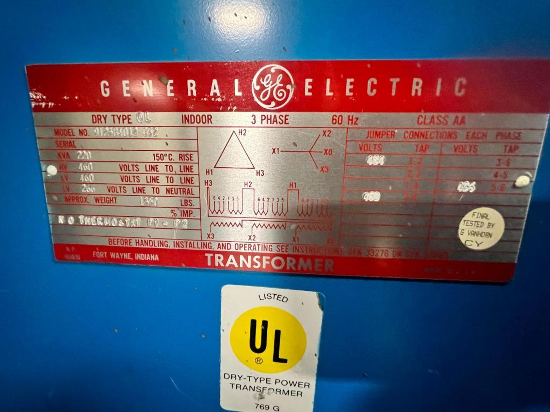 General Electric Transformer, Model 9T23B4012 G52, Dry Type: QL, 220 KVA, 3-Phase, 480 Volt - Image 2 of 2