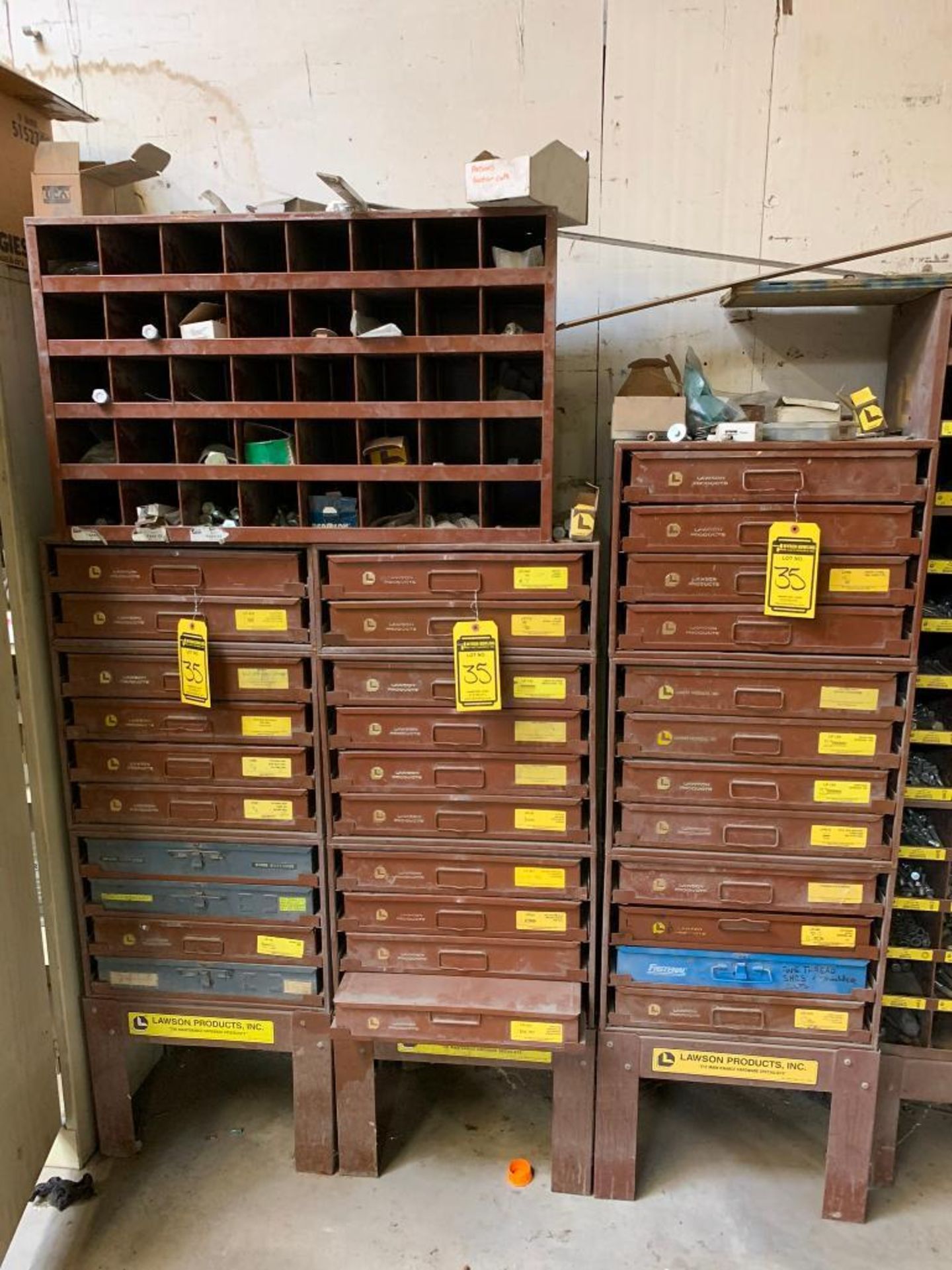 (3) Lawson Small Parts Bins & Pigeonhole Cabinet w/ Content