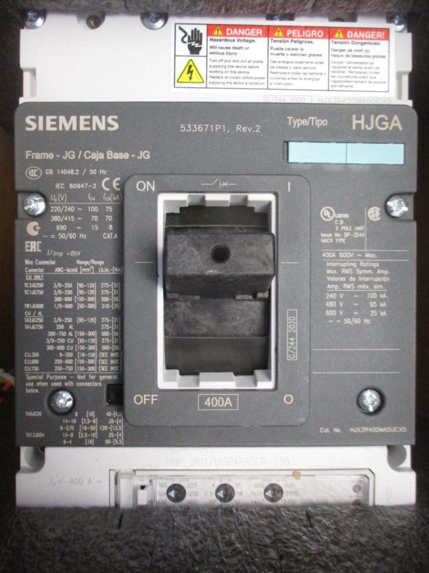 Siemens 400 AMP Circuit Breaker, 53367P1, 400A, 3-P, ETU LI 3AS+48VDC UVR+WP, 65KA@480V (New in Box) - Image 2 of 4