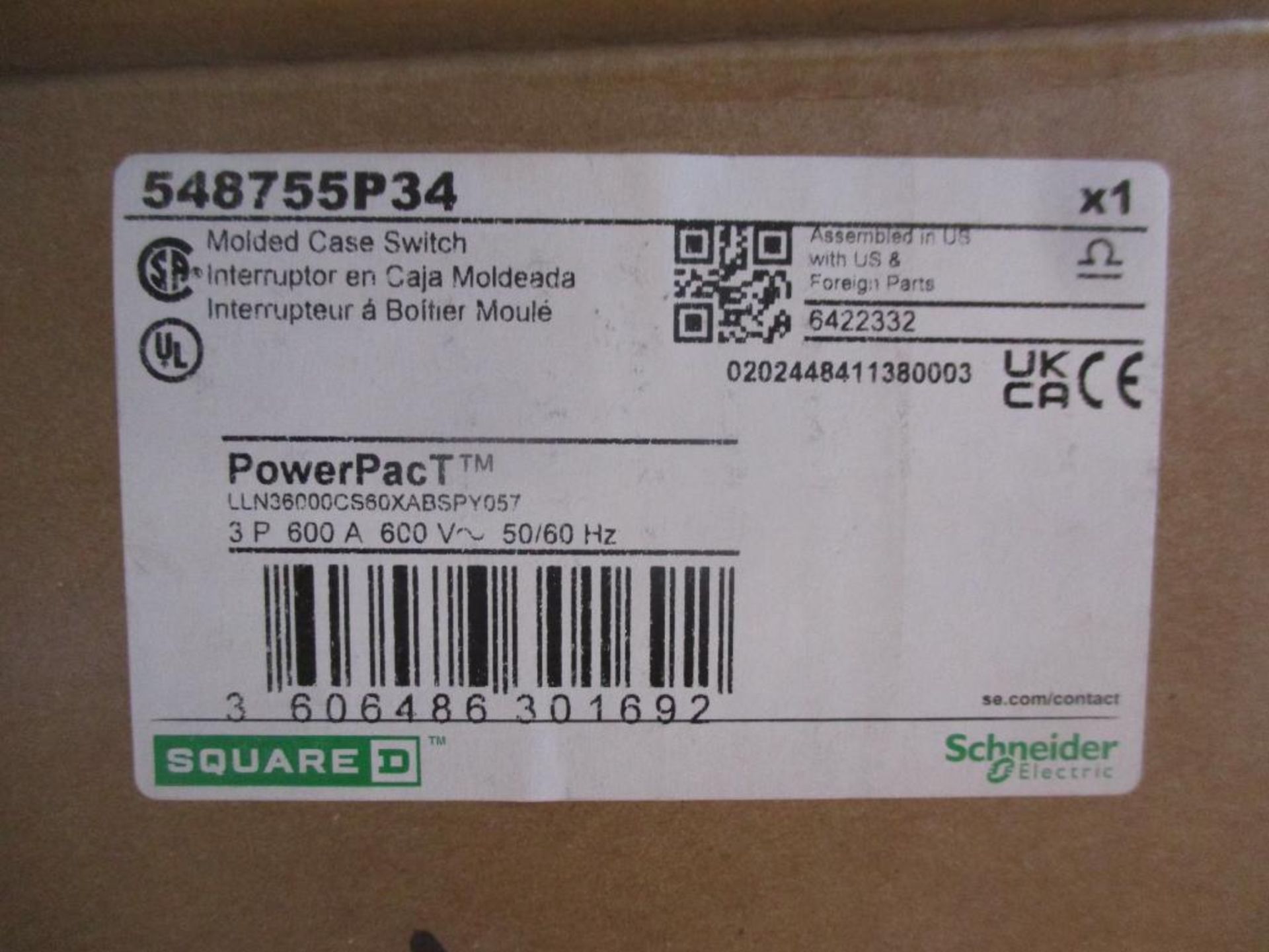 Square D 600 AMP Circuit Breaker, 548755P34, 600A, 3P, 600VAC, PowerPacT (New in Box) - Image 4 of 4