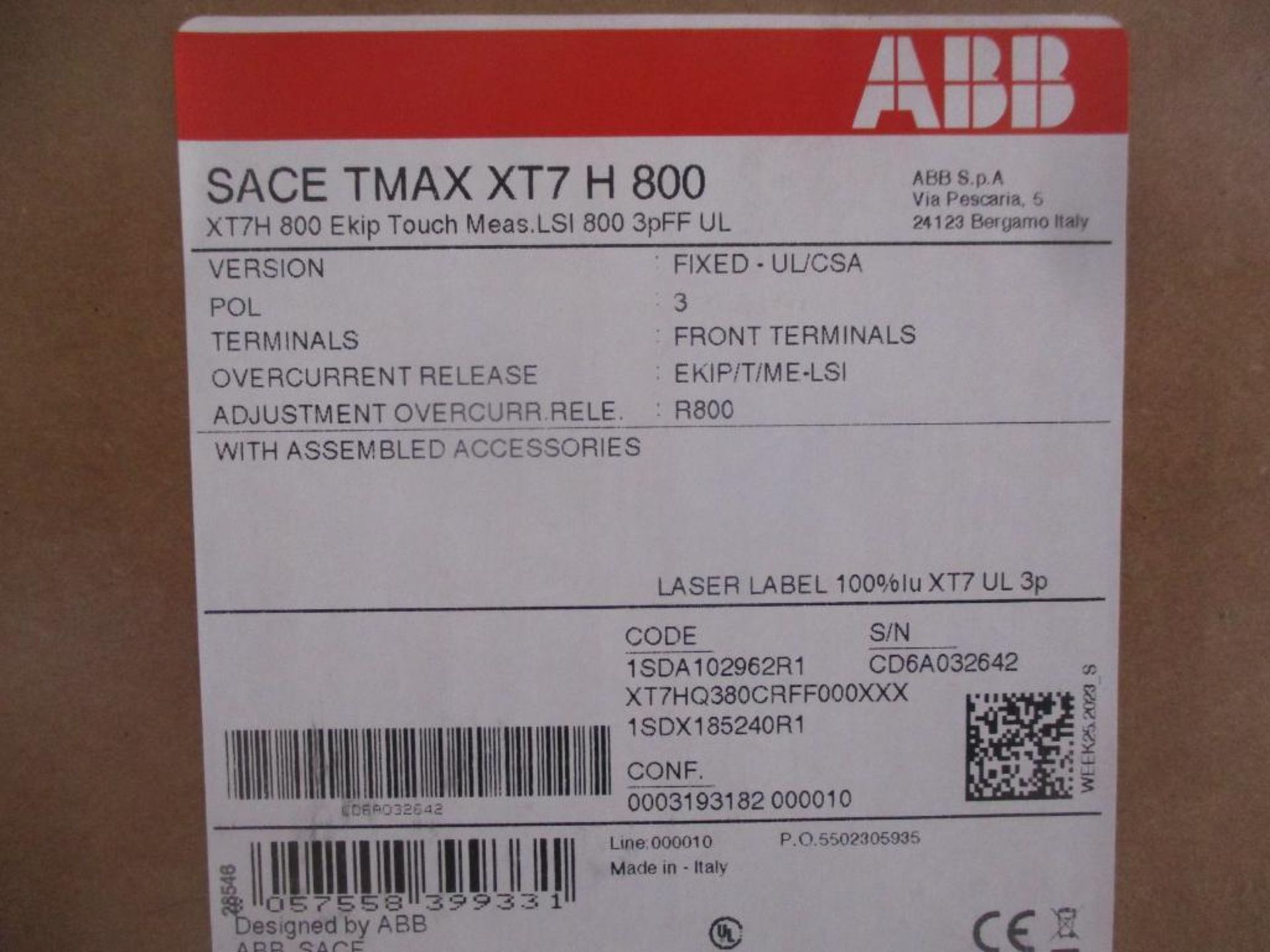 ABB 800 AMP Circuit Breaker, SACE TMAX XT7 H 800, EKIP Touch Measuring LSI 3 Pole (New in Box) - Image 4 of 4