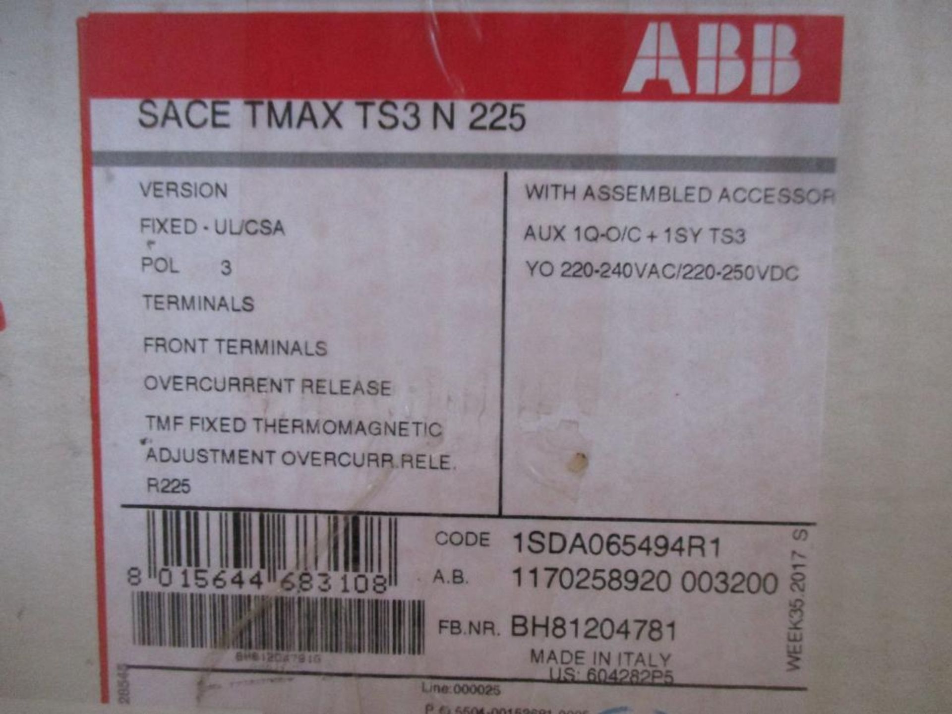 ABB 225 AMP Circuit Breaker, SACE TMAX TS3 N 225, 3-Pole (New in Box) - Image 4 of 4