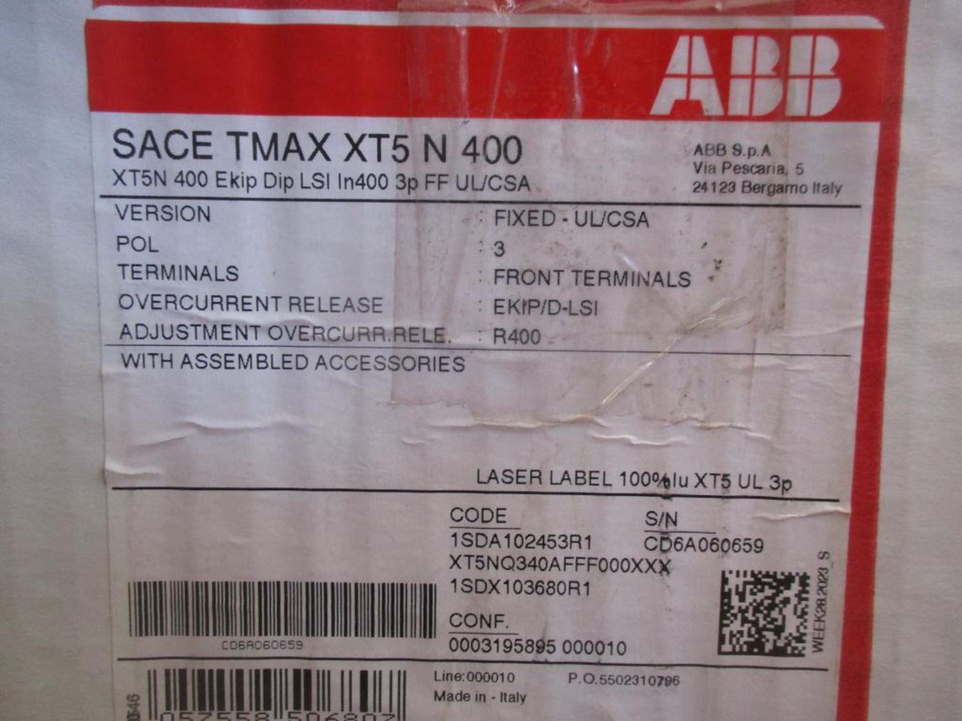 ABB 400 AMP Circuit Breaker, SACE TMAX XT5 N 400, EKIP Dip LSI 3-Pole (New in Box) - Image 4 of 4