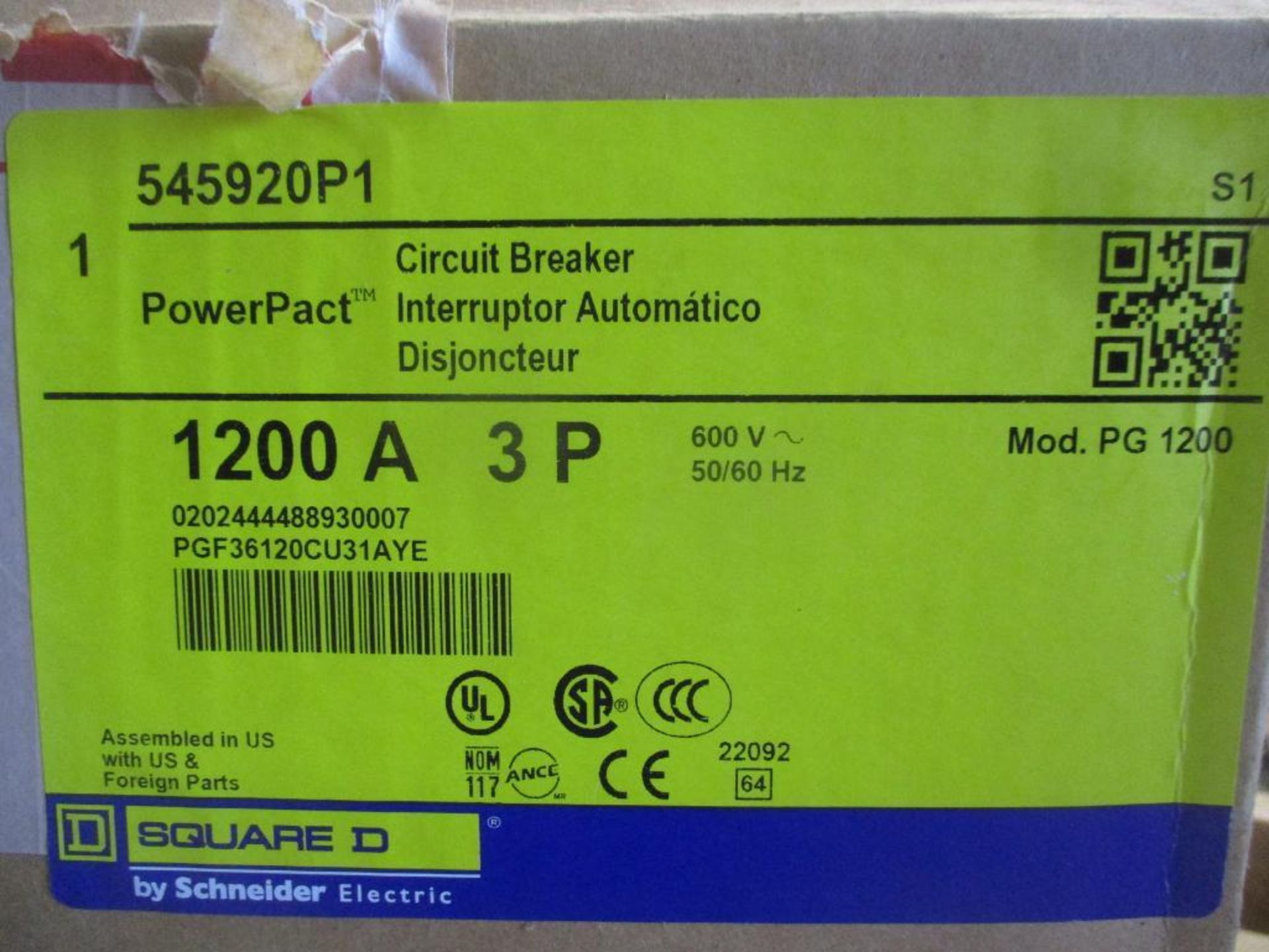 Square D 1200 AMP Circuit Breaker, 545920P1, 1200A, 3P, 600 VAC, Mod. PG 1200 (New in Box) - Image 4 of 4