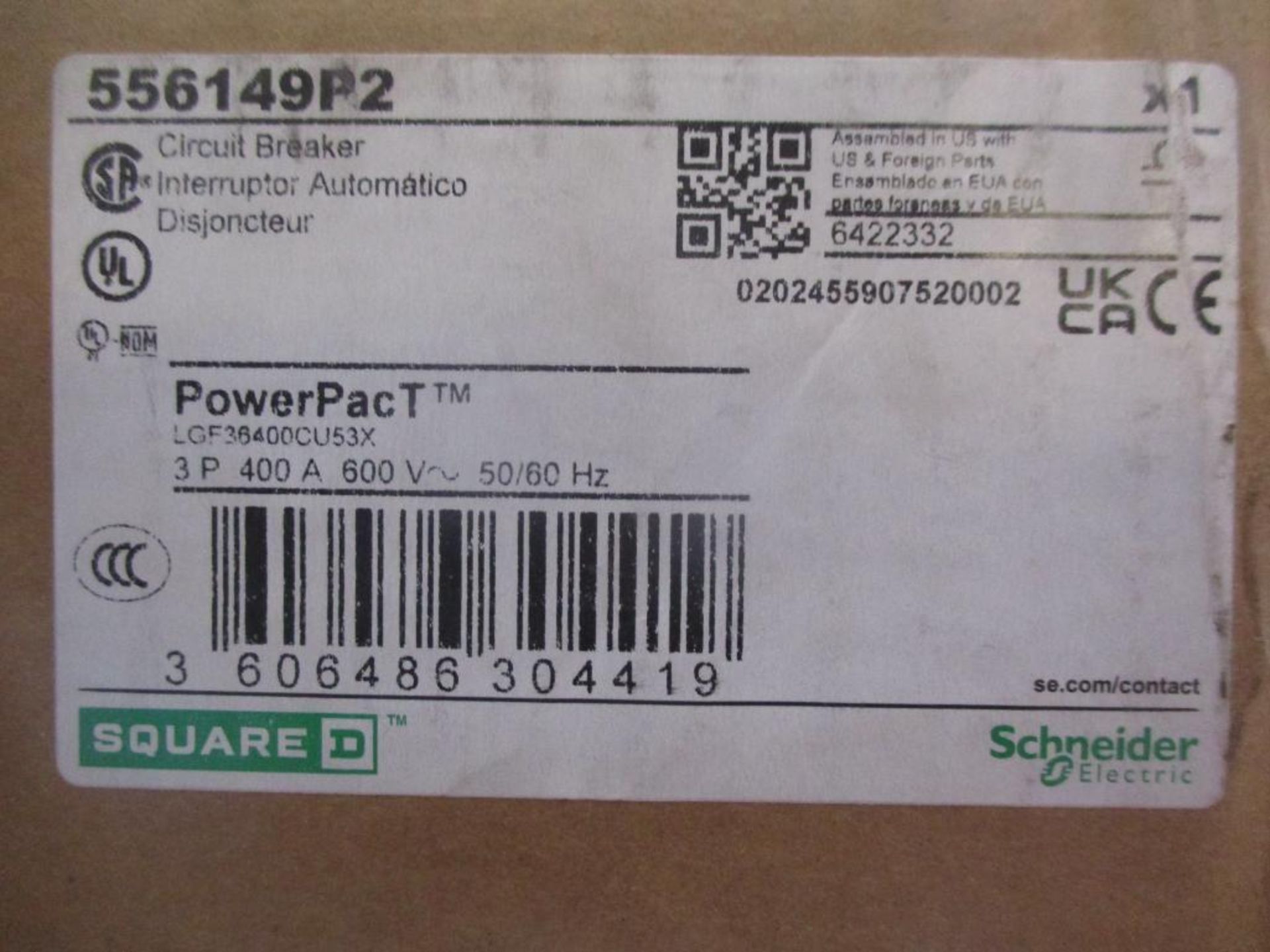 Square D 400 AMP Circuit Breaker, 556149P2, 3P, 400A, 600VAC, PowerPacT LG 400 (New in Box) - Image 4 of 4