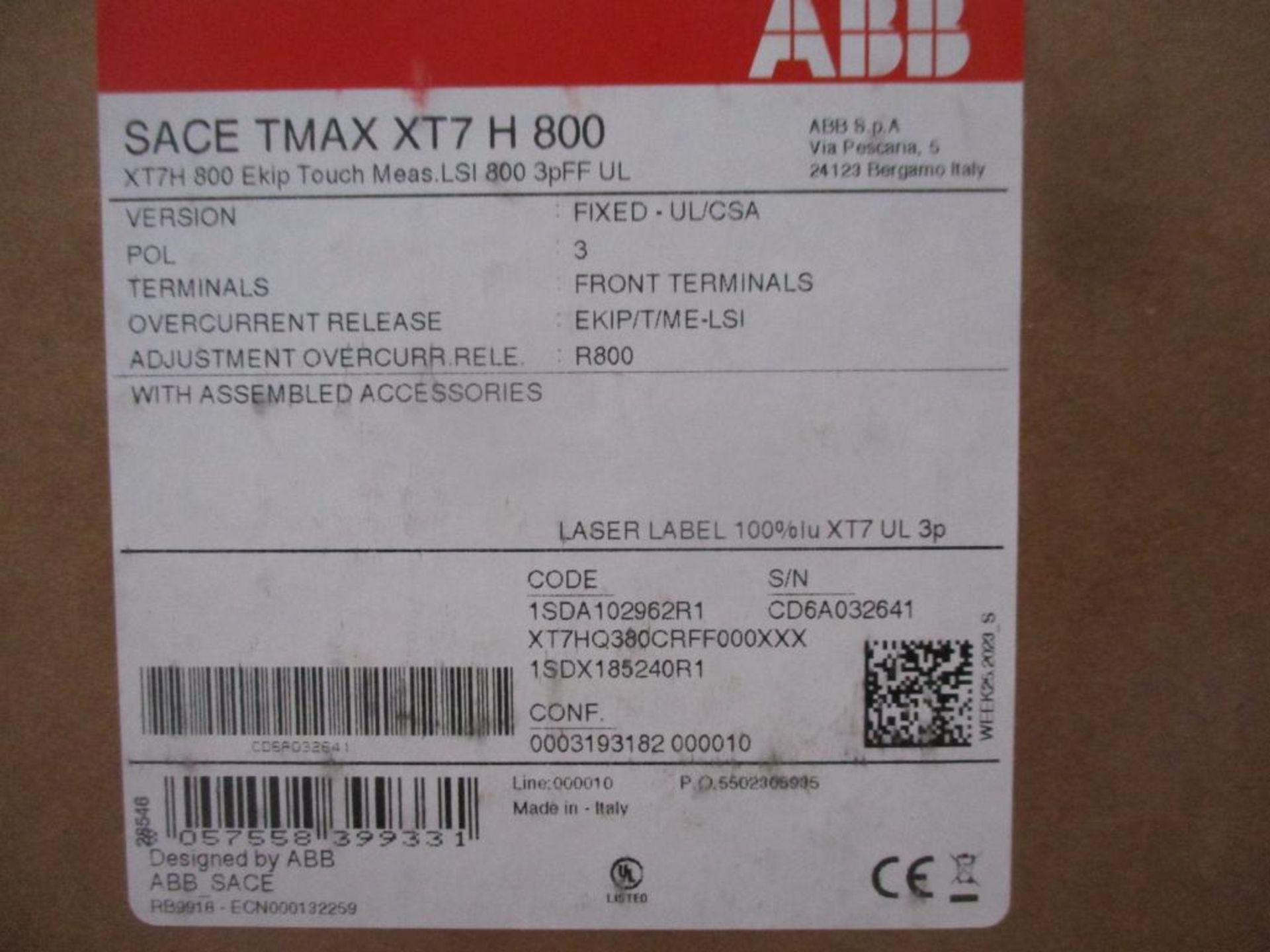 ABB 800 AMP Circuit Breaker, SACE TMAX XT7 H 800, EKIP Touch Measuring LSI 3-Pole (New in Box) - Image 4 of 4