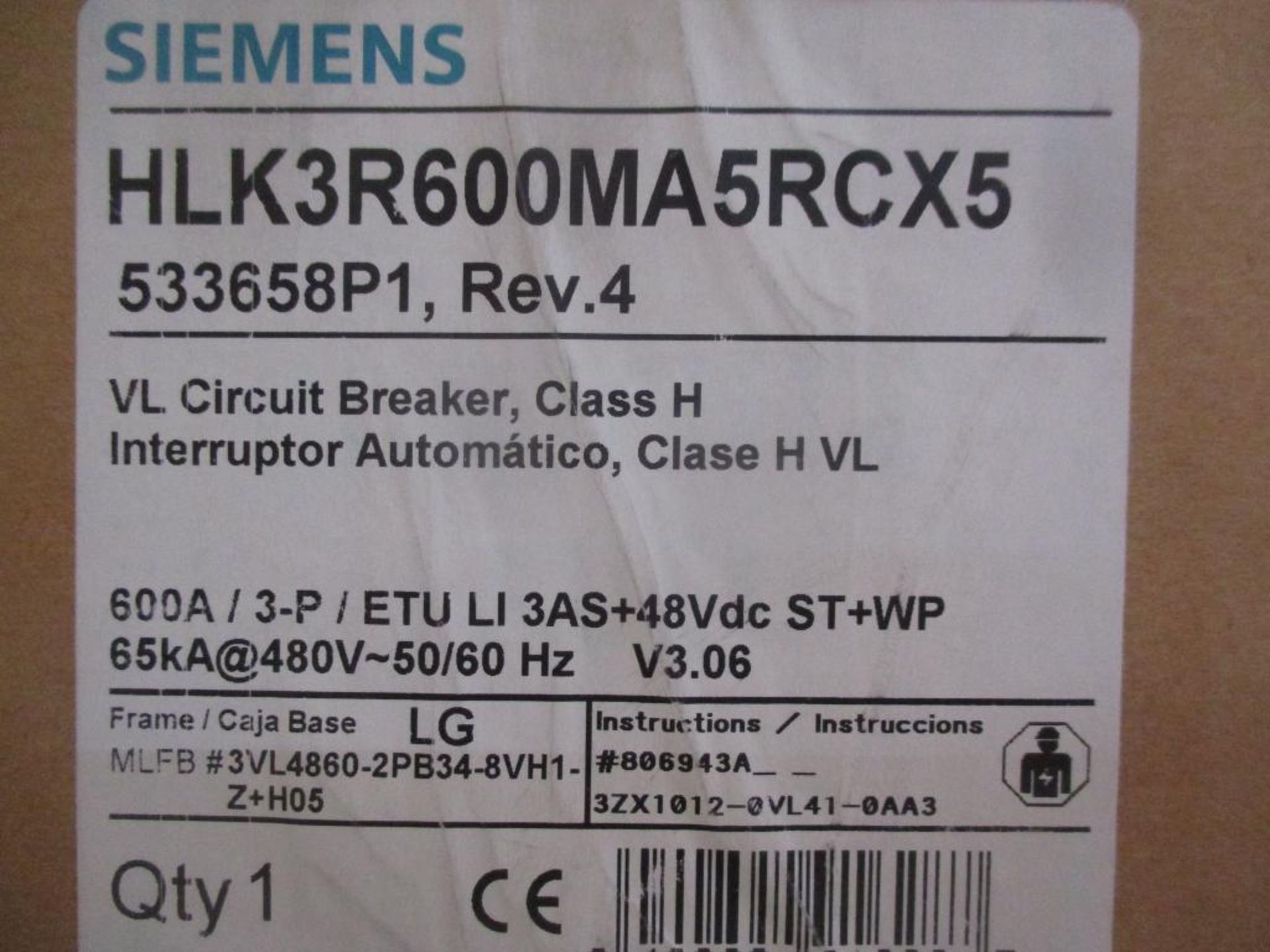 Siemens 600 AMP Circuit Breaker, 533658P1, 600A, 3-P, ETU LI 3AS+48VDC ST+WP, 65KA @ 480V, HLGB (New - Image 4 of 4