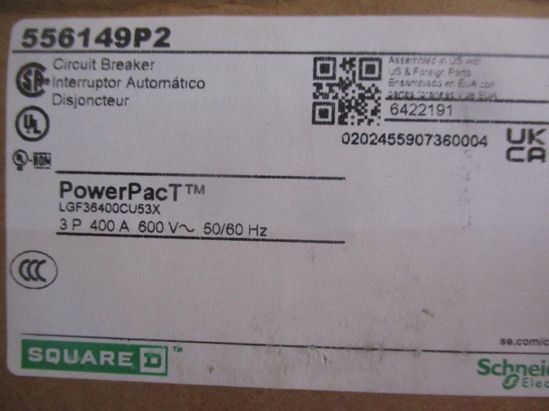 Square D 400 AMP Circuit Breaker, 556149P2, 3P, 400A, 600VAC, PowerPacT LG 400 (New in Box) - Image 4 of 4