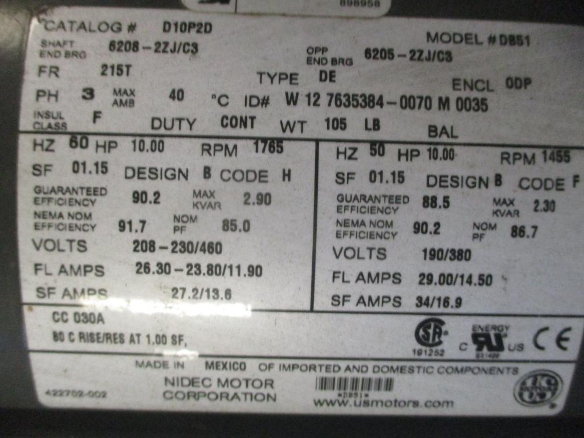 (4) (New) Motors; US 15 HP, Baldor 15 HP, US 10 HP, US .25 HP - Image 2 of 4