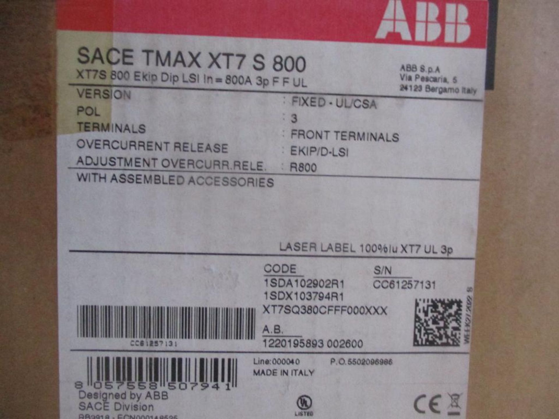 ABB 800 AMP Circuit Breaker, SACE TMAX XT7 S 800, EKIP Dip LSI, 3-Pole (New in Box) - Image 4 of 4