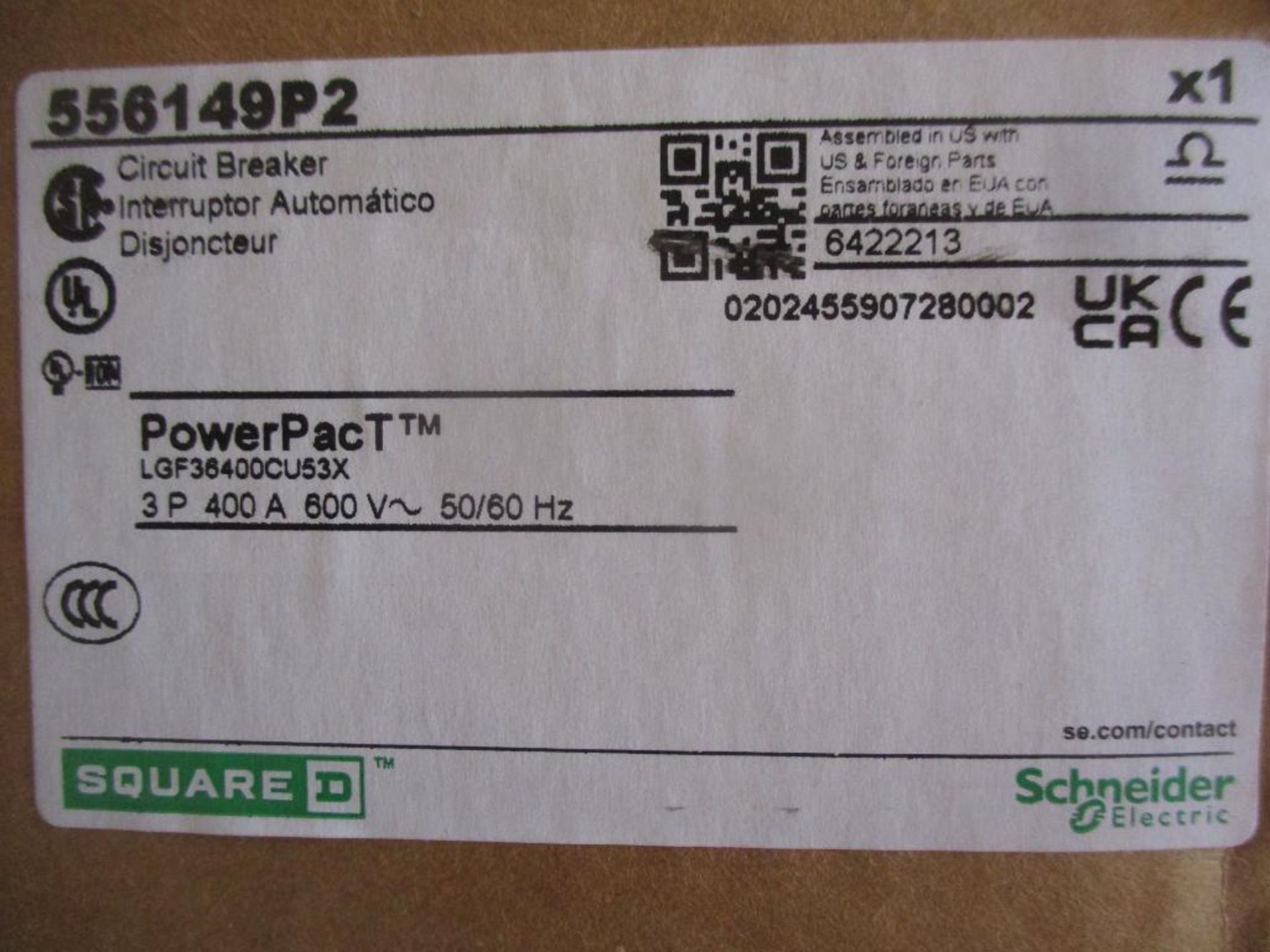 Square D 400 AMP Circuit Breaker, 556149P2, 3P, 400A, 600VAC, PowerPacT LG 400 (New in Box) - Image 4 of 4