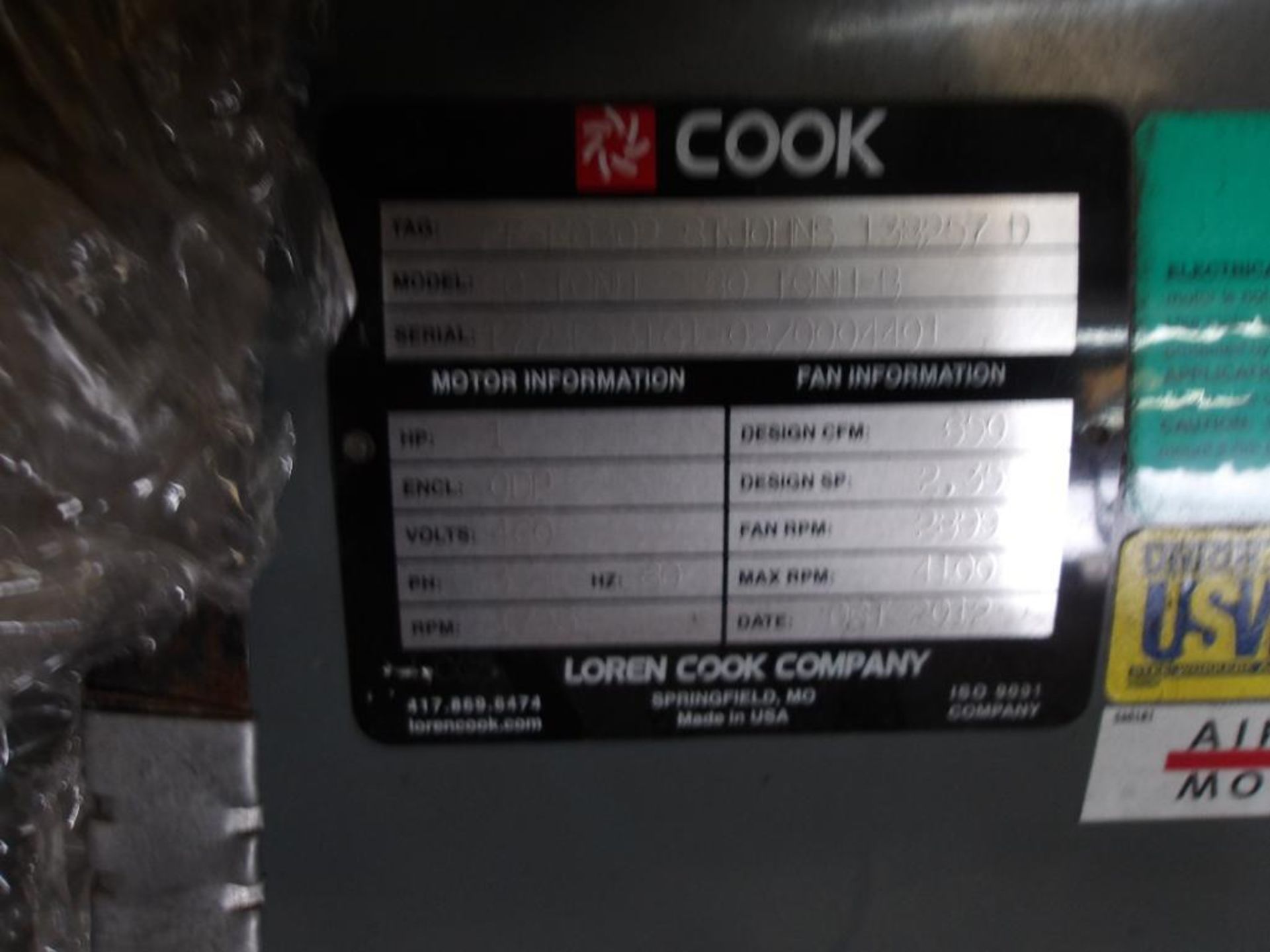 Cook Fan System, Part No. 80TONH-80TCNH-B,1HP, 460 V (New) - Image 2 of 5