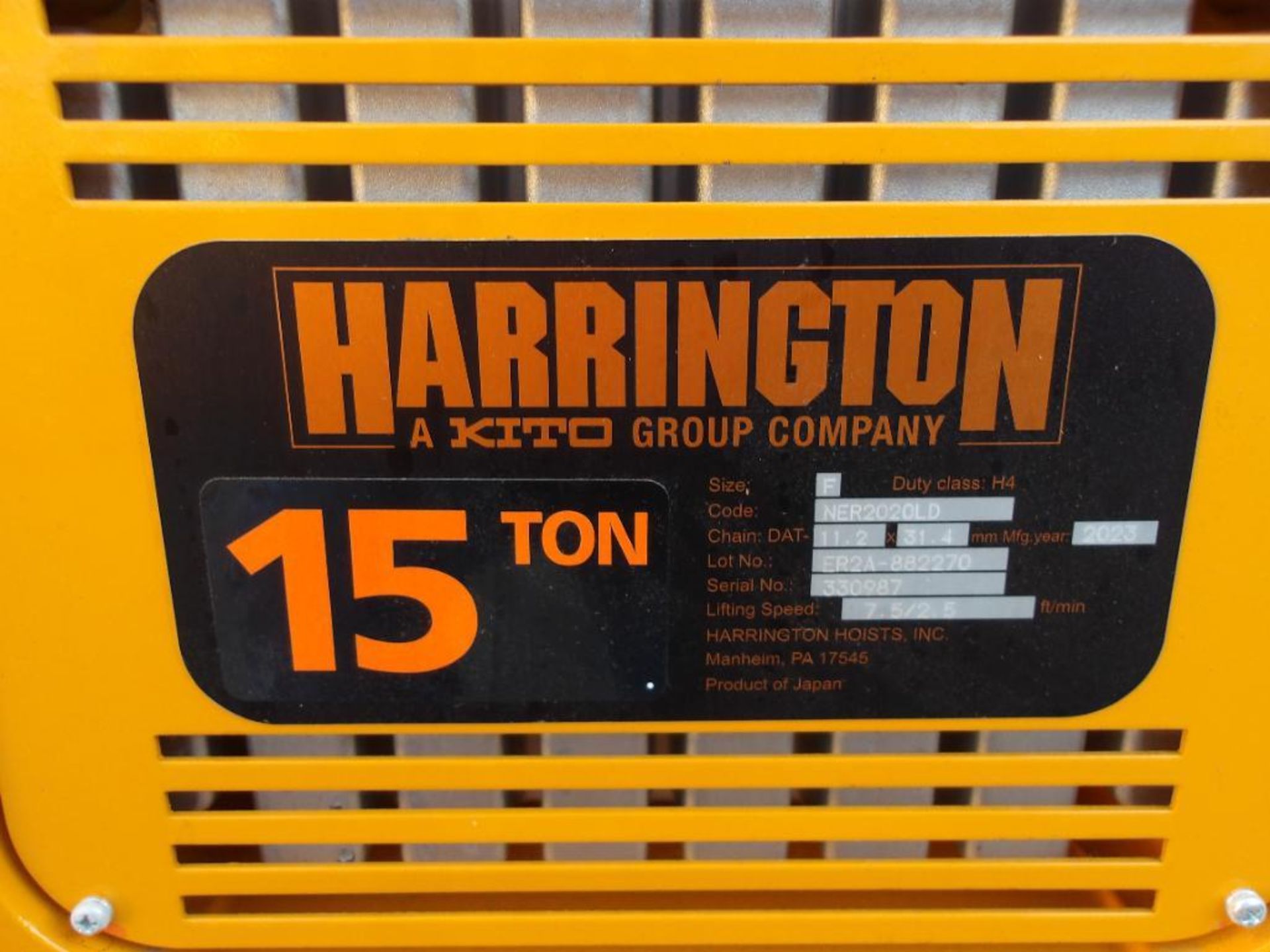 Harrington Electric 15-Ton Chain Hoist, Code: NER2020LD, S/N 330987 (New in Crate) - Image 2 of 4