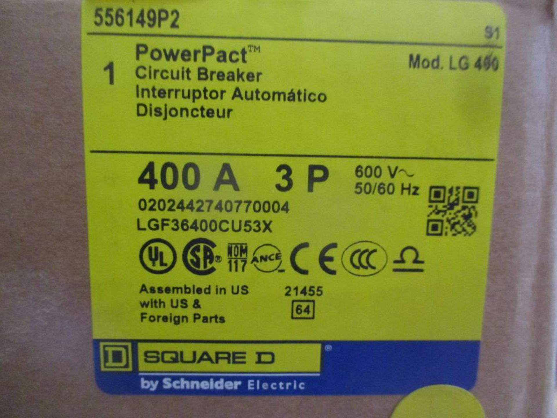 Square D 400 AMP Circuit Breaker, 556149P2, 400A, 3P, 600VAC, PowerPacT LG 400 (New in Box) - Image 4 of 4