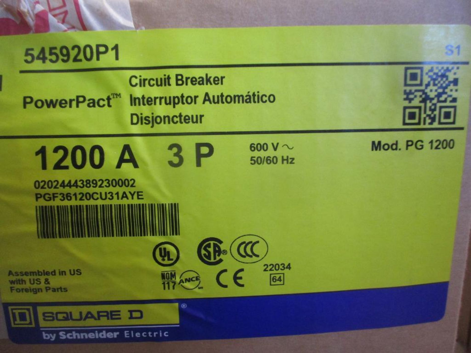 Square D 1200 AMP Circuit Breaker, 545920P1, 1200A, 3P, 600VAC, PG1200 (New in Box) - Image 4 of 4