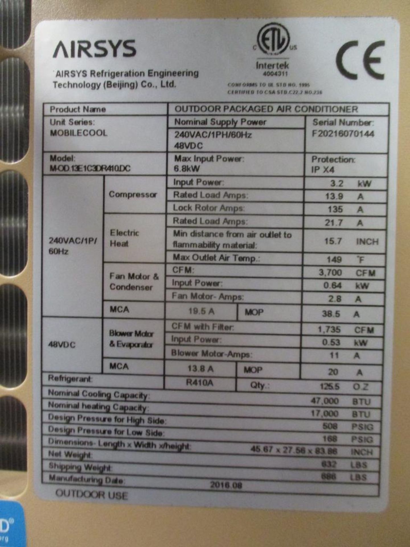 Airsys Outdoor Packaged Air Conditioner, Mobile Cool, Model MOD.13E1C3DR410DC (New) - Image 4 of 4
