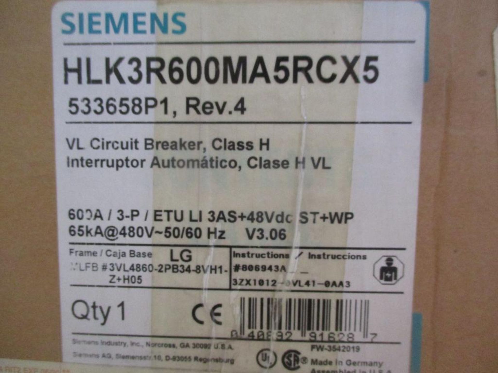 Siemens 600 AMP Circuit Breaker, 533658P1, 600A, 3-P, ETU LI 3AS+48VDC ST+WP, 65KA @ 480V, HLGB (New - Image 4 of 4